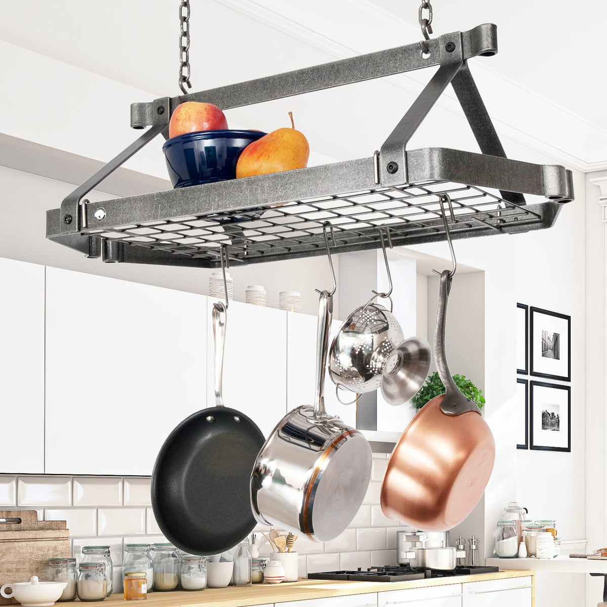 Enclume Ceiling Hammered Steel Retro Rectangle Ceiling Pot Rack w/ 12 Hooks, 2 S Hooks & 6" Chain