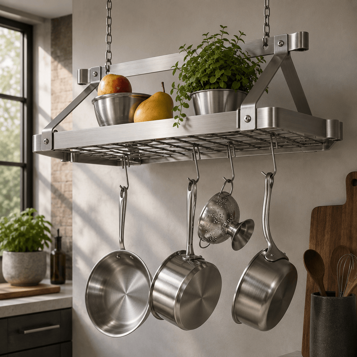 Enclume Ceiling Retro Rectangle Ceiling Pot Rack w/ 12 Hooks, 2 S Hooks & 6" Chain