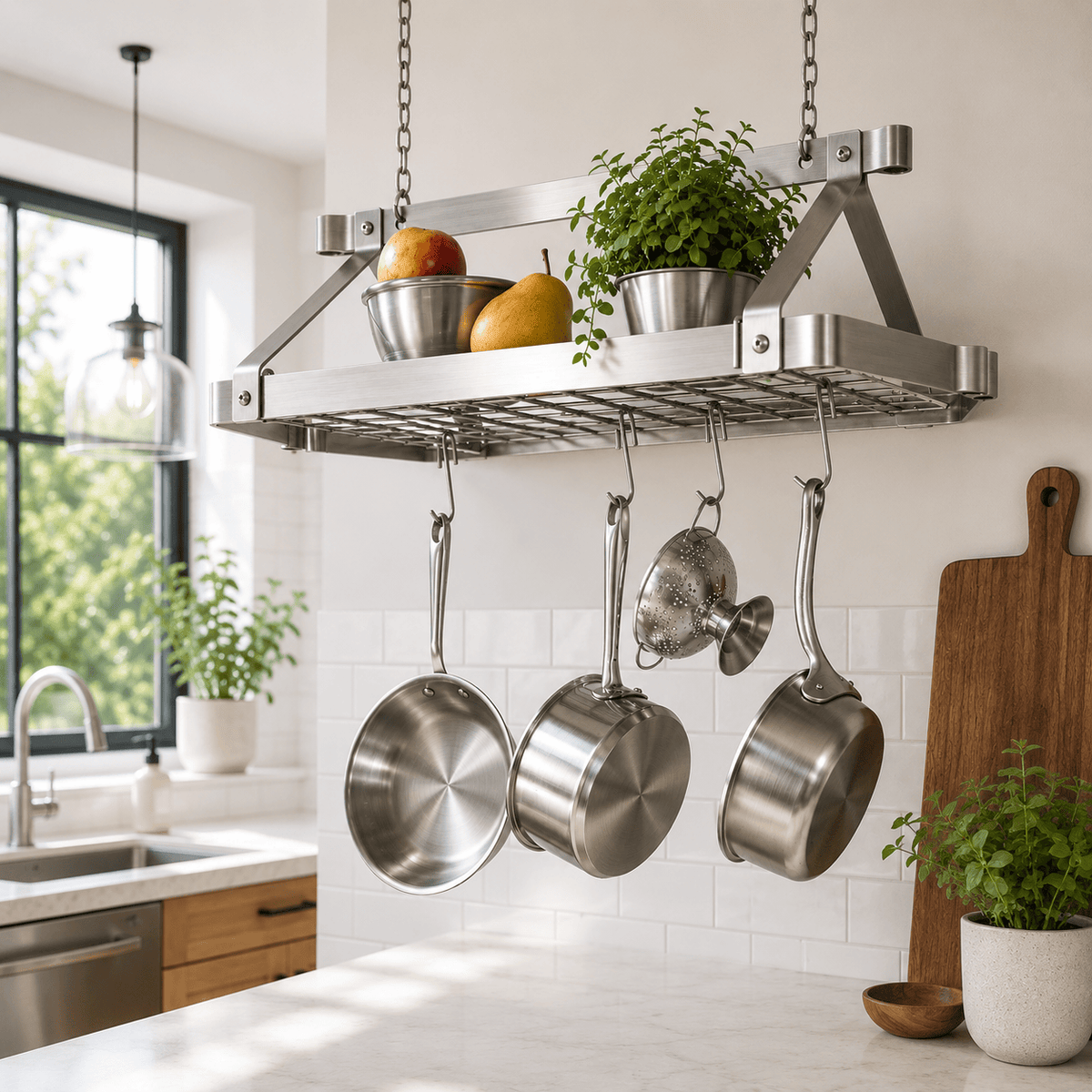 Enclume Ceiling Retro Rectangle Ceiling Pot Rack w/ 12 Hooks, 2 S Hooks & 6" Chain