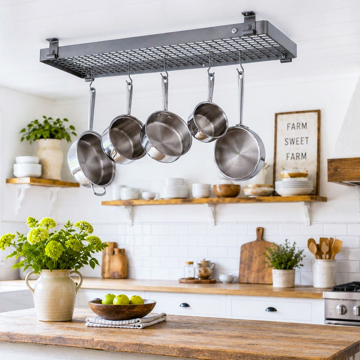 Enclume Design Products Ceiling Handcrafted 36" Rectangle Flush Mounted Ceiling Rack w 12 Hooks, Hammered Steel
