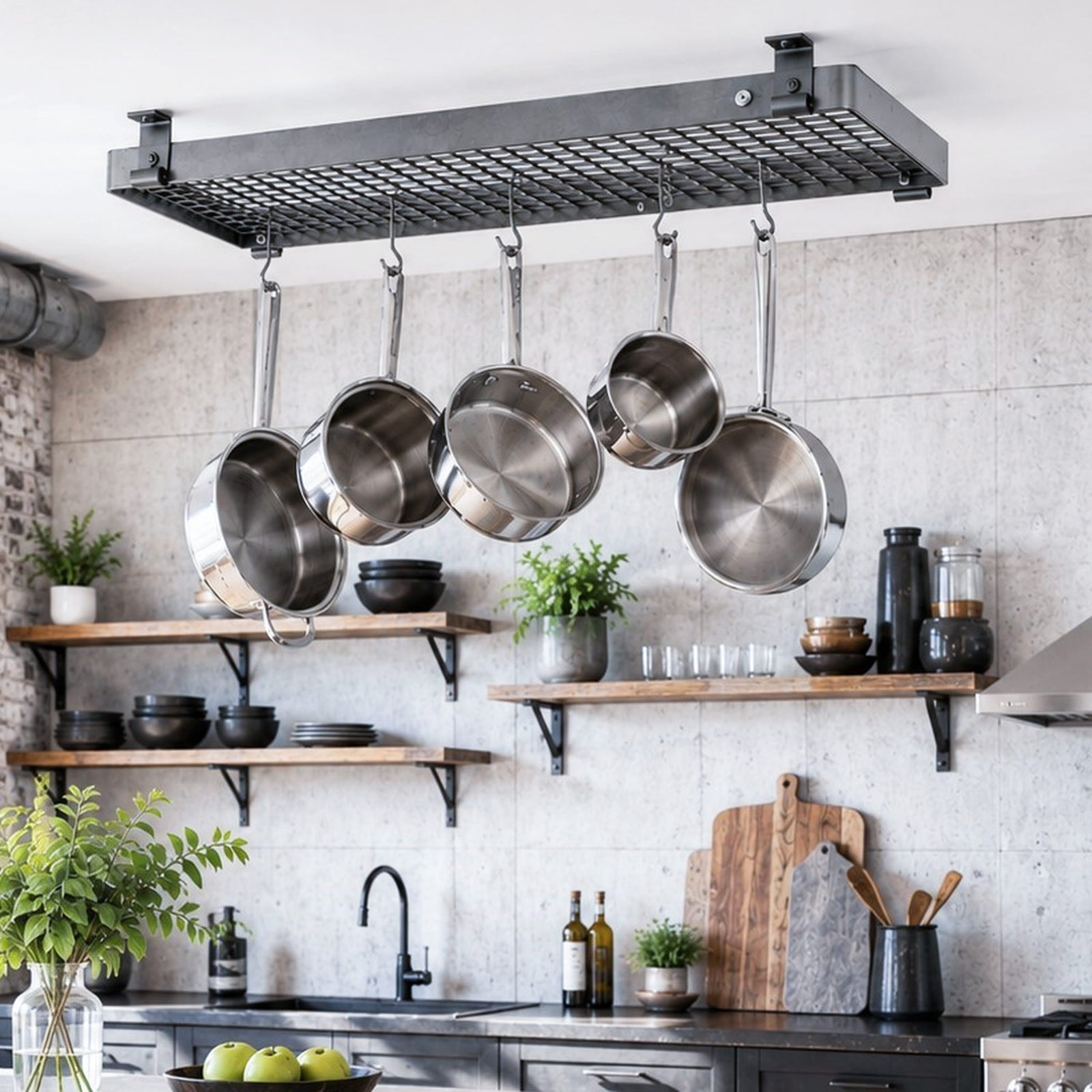 Enclume Design Products Ceiling Handcrafted 36" Rectangle Flush Mounted Ceiling Rack w 12 Hooks, Hammered Steel