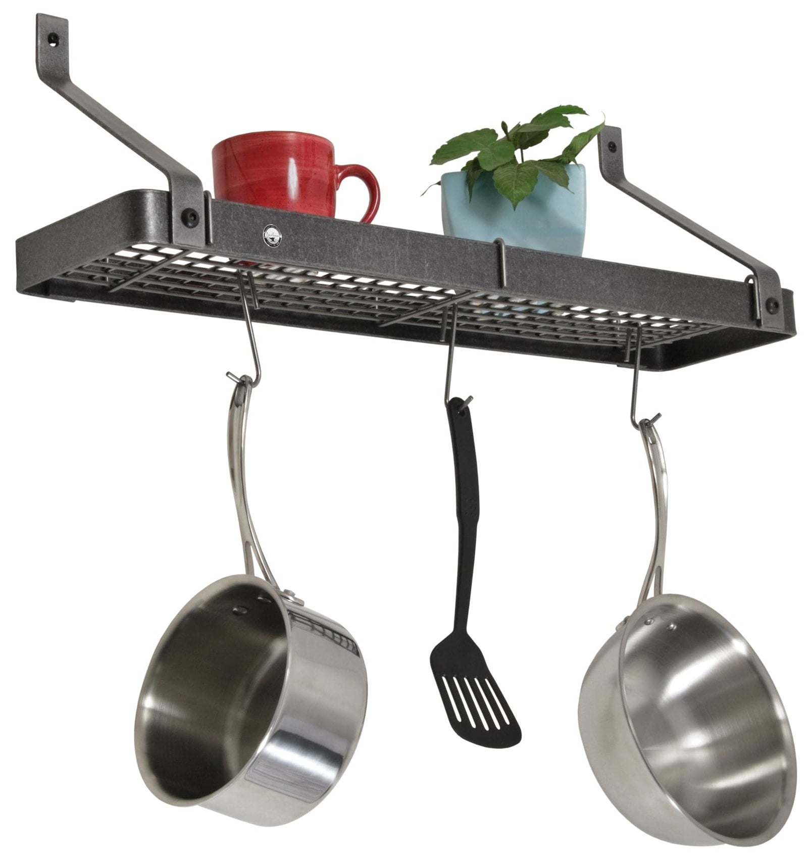 Enclume Design Products Grande Cuisine Bookshelf Pot Rack w 12 Hooks Hammered Steel