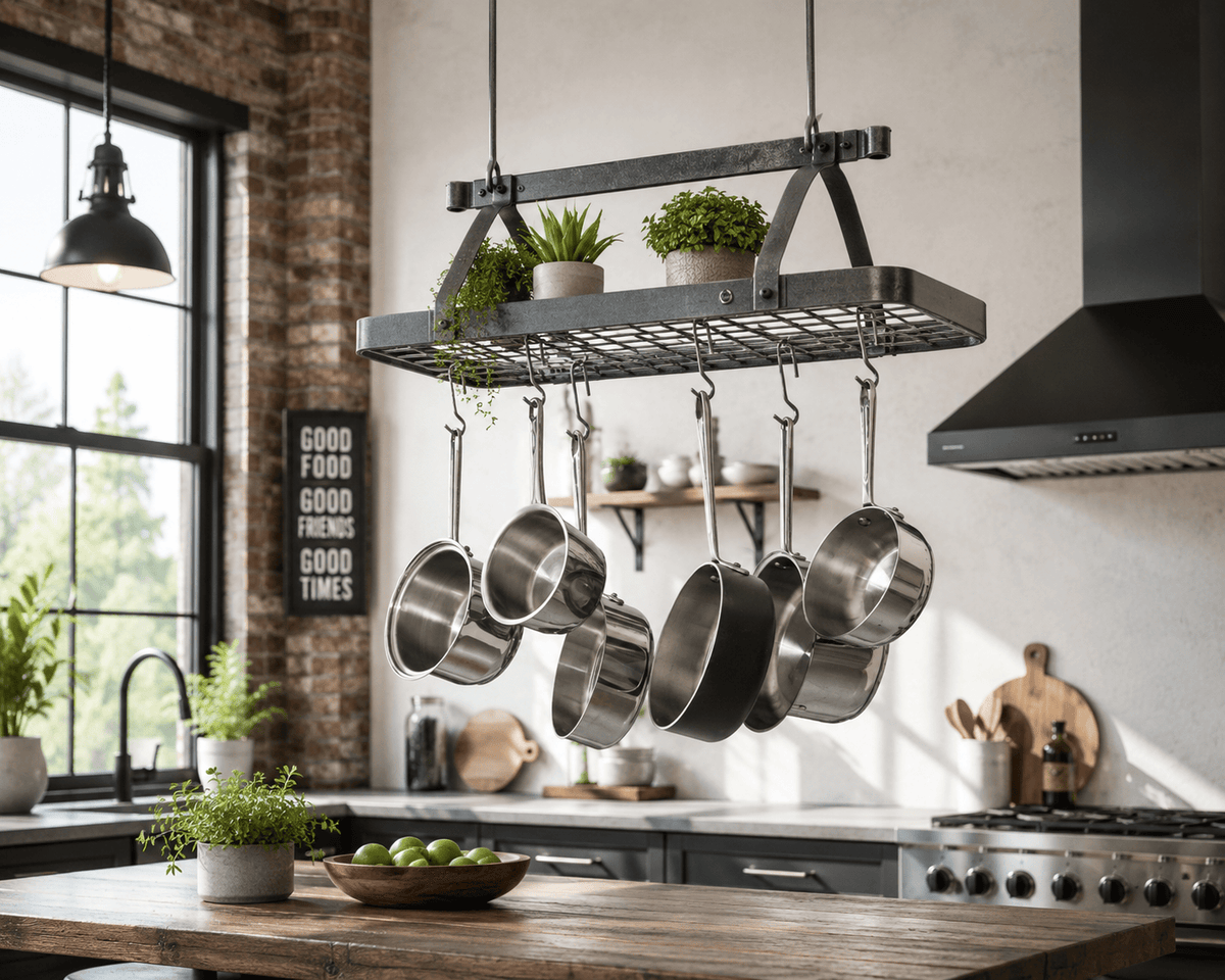 Enclume Design Products Hammered Steel Grande Cuisine Rectangle Ceiling Rack w 18 Hooks