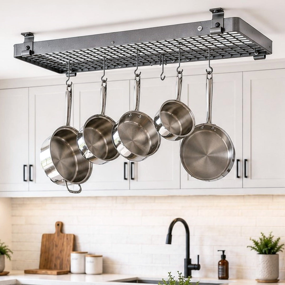 Enclume Design Products Handcrafted 36" Narrow Flush Mounted Ceiling Rack w 12 Hooks, Hammered Steel