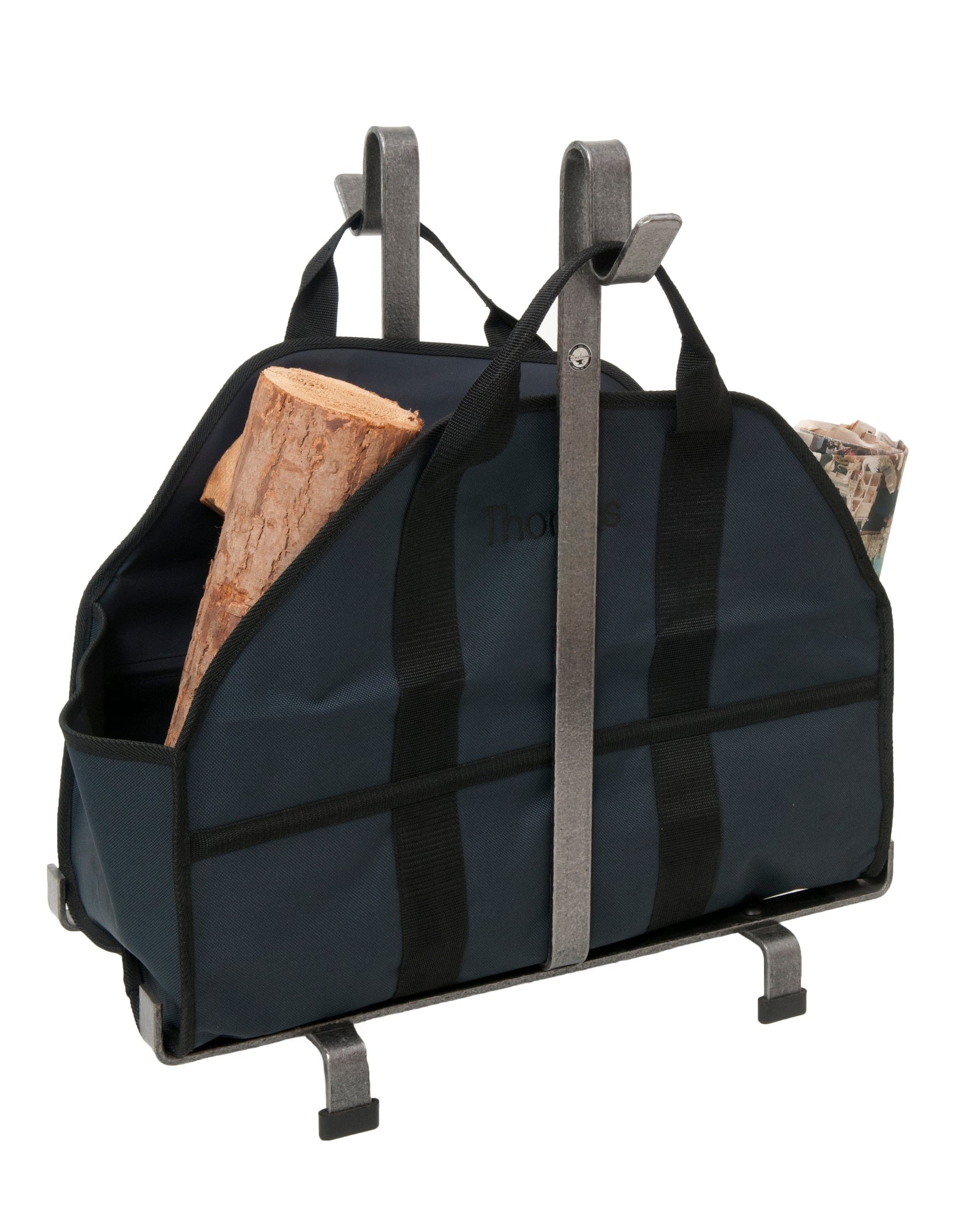 Enclume Design Products Handcrafted Fireplace Log Rack w Blue Carrier Bag Hammered Steel