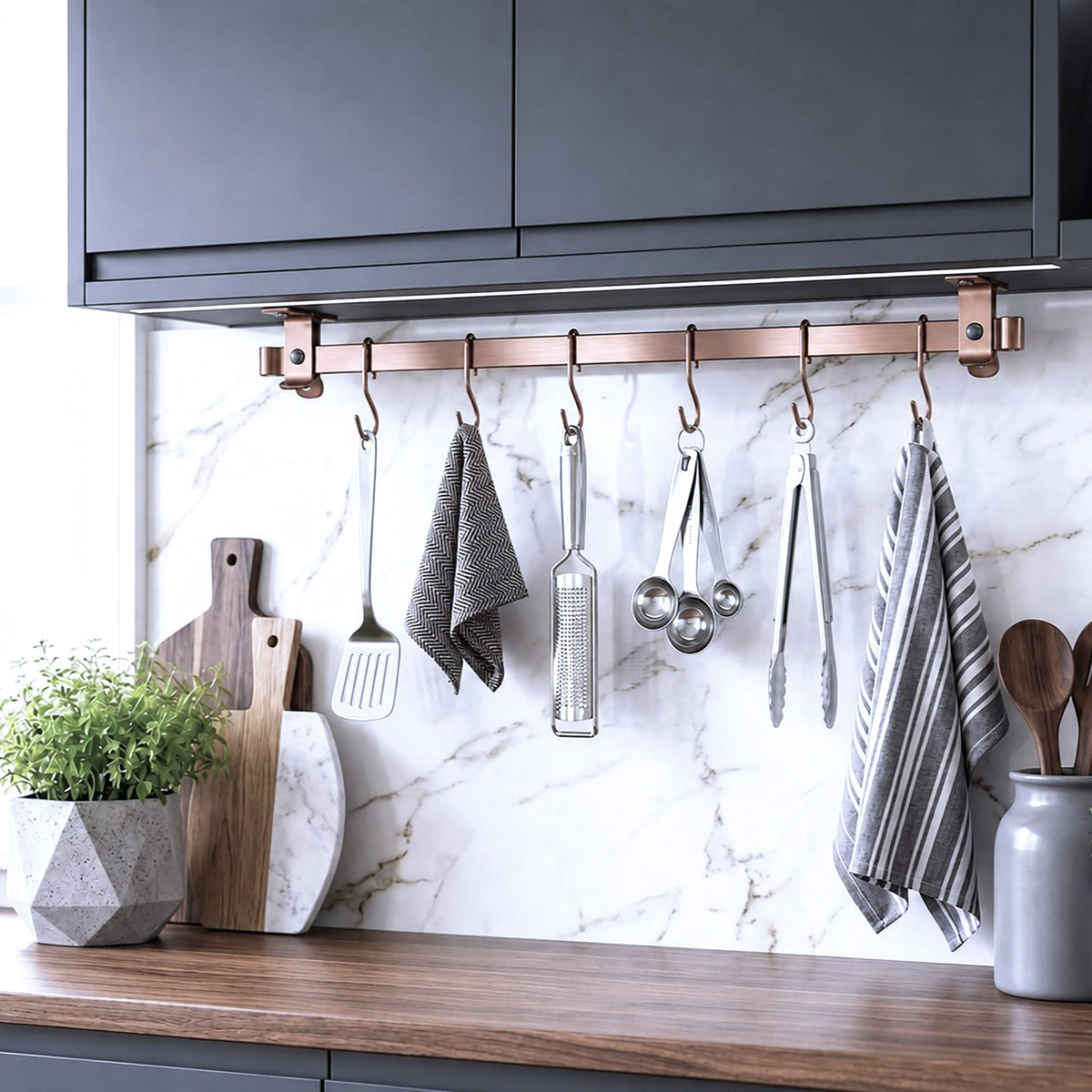 Enclume Design Products Handcrafted Low Ceiling Bar in Hammered Steel, Brushed Stainless or Copper