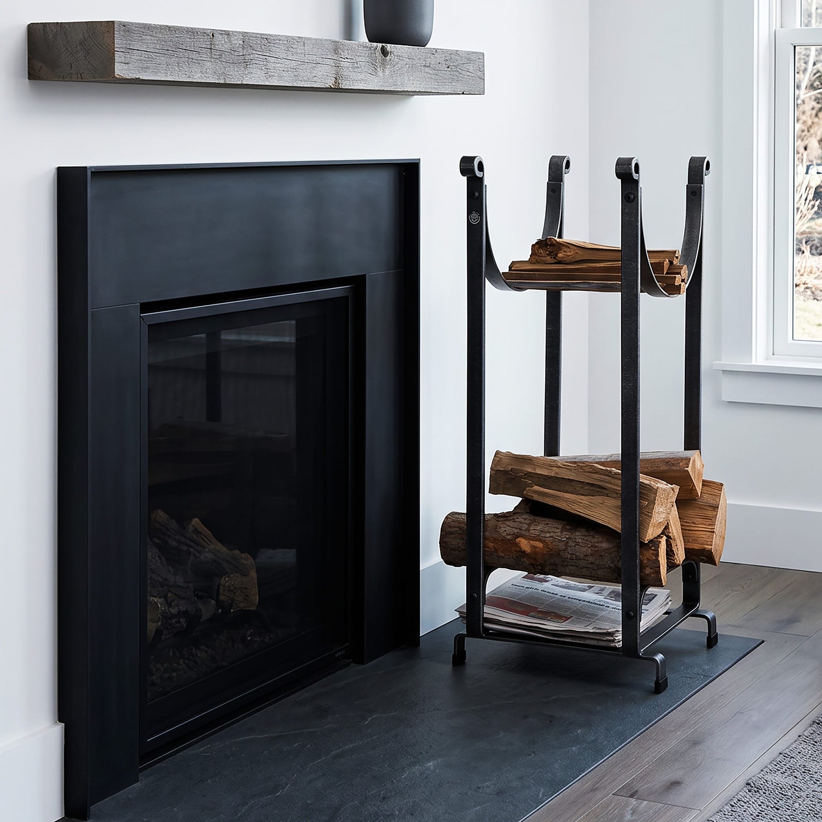 Enclume Design Products Handcrafted Sling Fireplace Log Rack w/Newspaper Holder