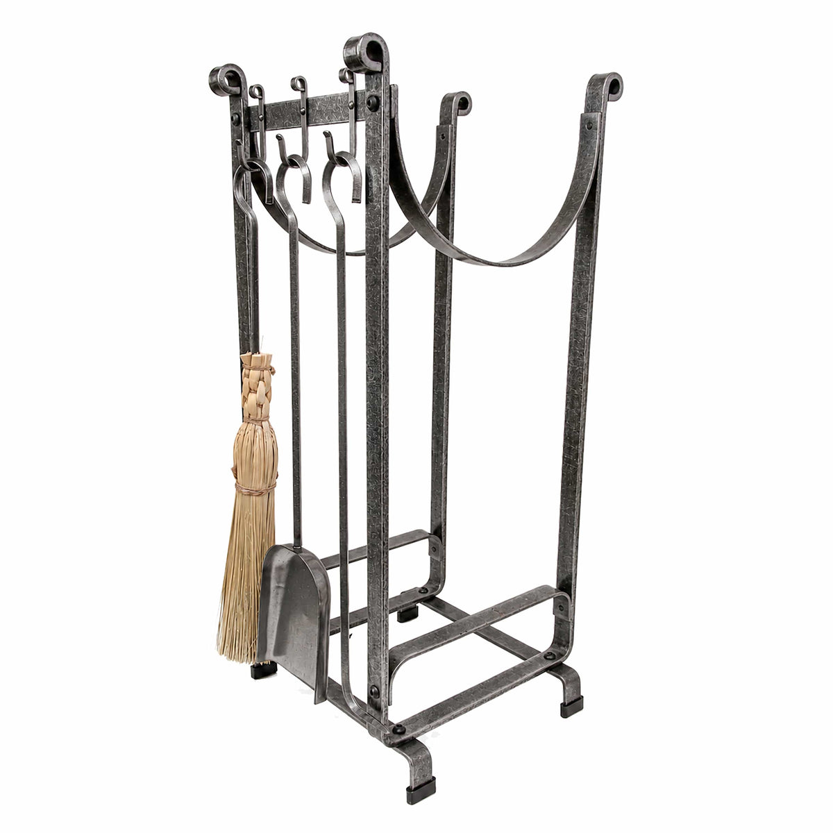 Enclume Design Products Handcrafted Sling Fireplace Log Rack w/Newspaper Holder and Tools Hammered Steel