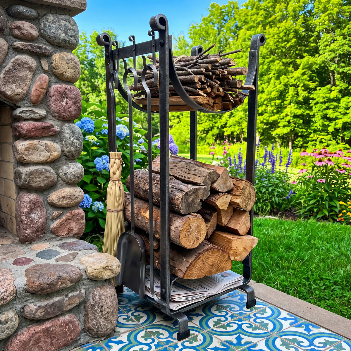 Enclume Design Products Handcrafted Sling Fireplace Log Rack w/Newspaper Holder and Tools Hammered Steel