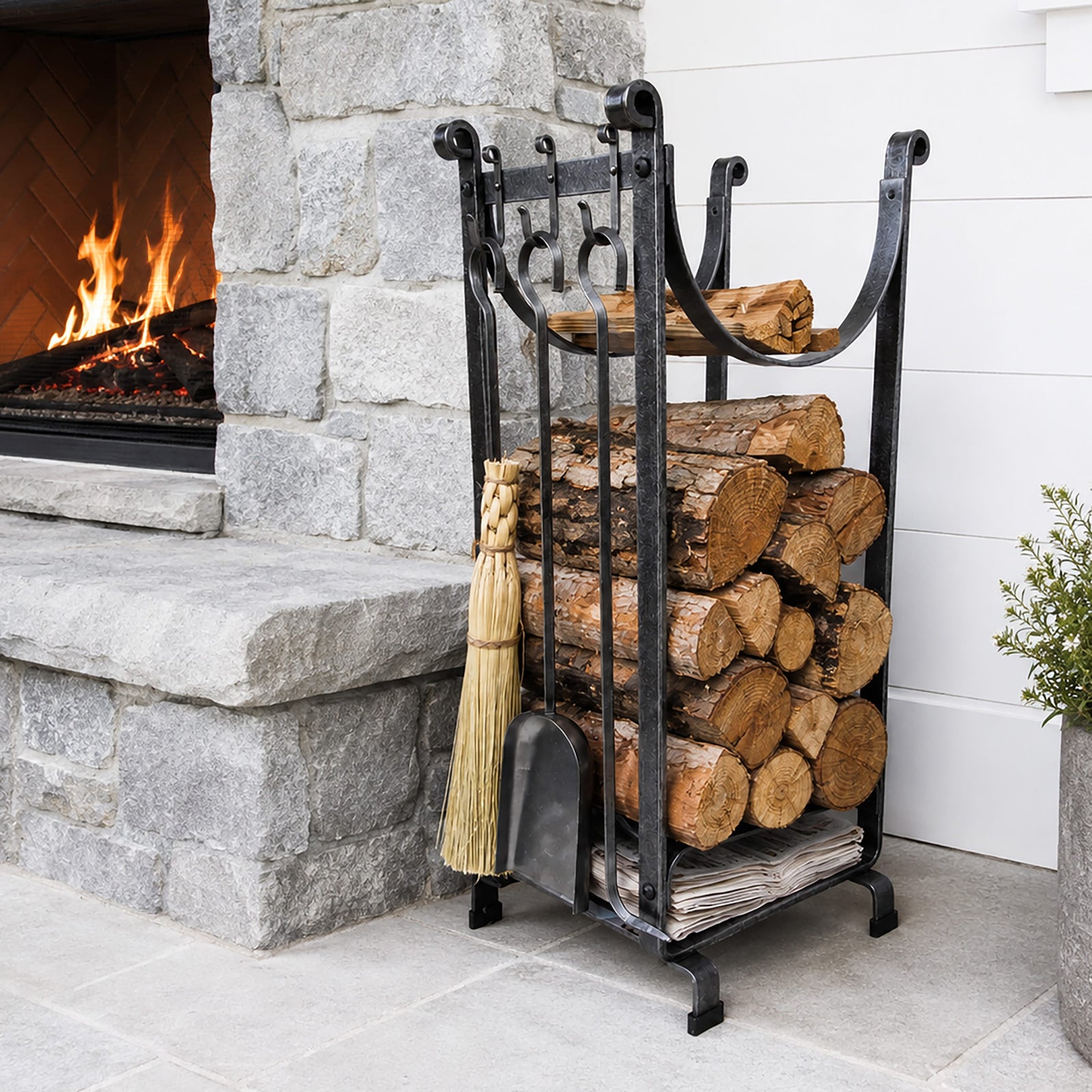 Enclume Design Products Handcrafted Sling Fireplace Log Rack w/Newspaper Holder and Tools Hammered Steel