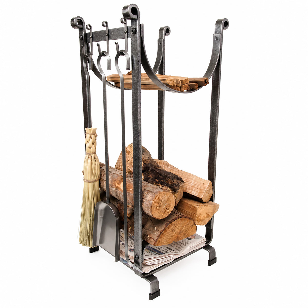 Enclume Design Products Handcrafted Sling Fireplace Log Rack w/Newspaper Holder and Tools Hammered Steel