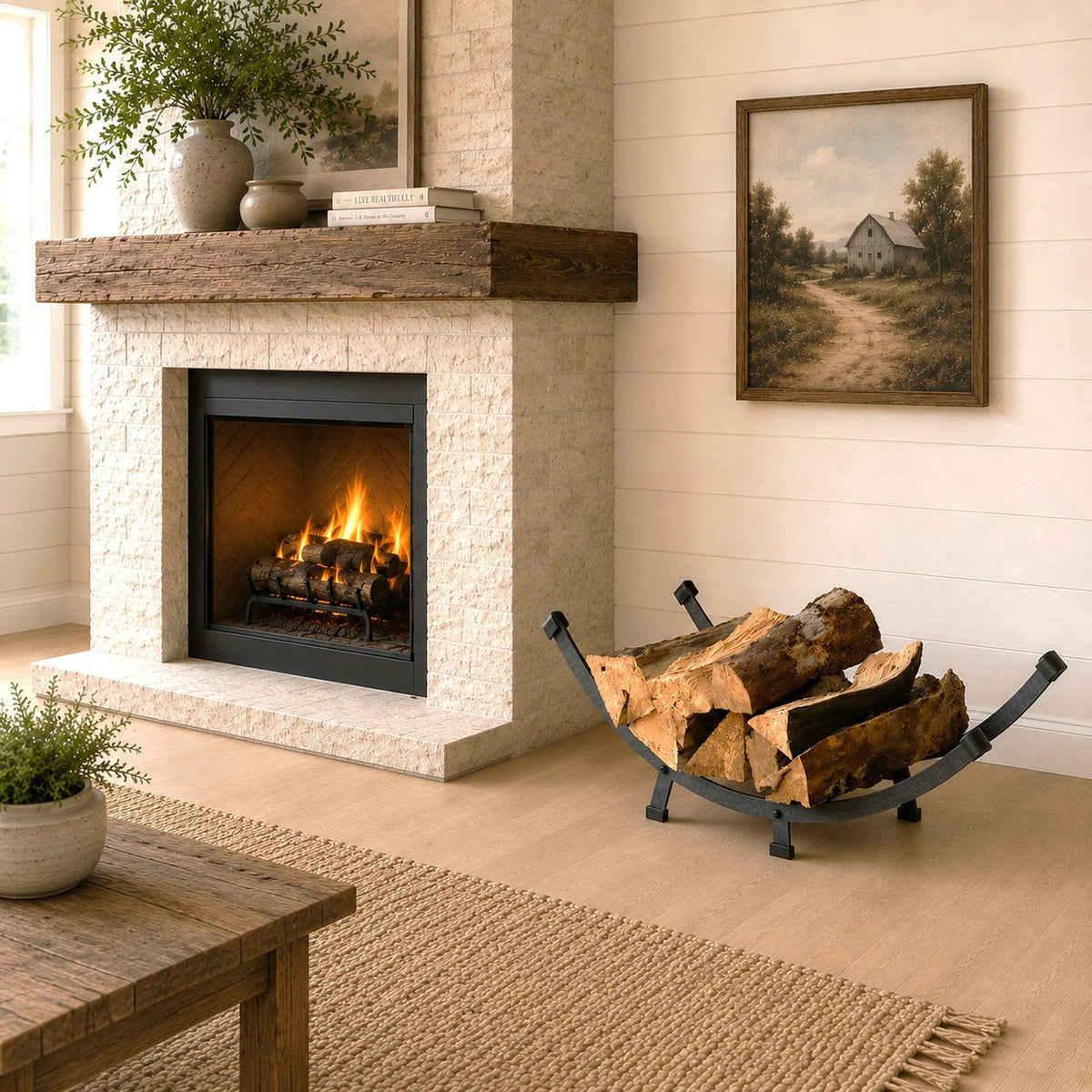 Enclume Floor Arch Basket Fireplace Log Rack Hammered Steel