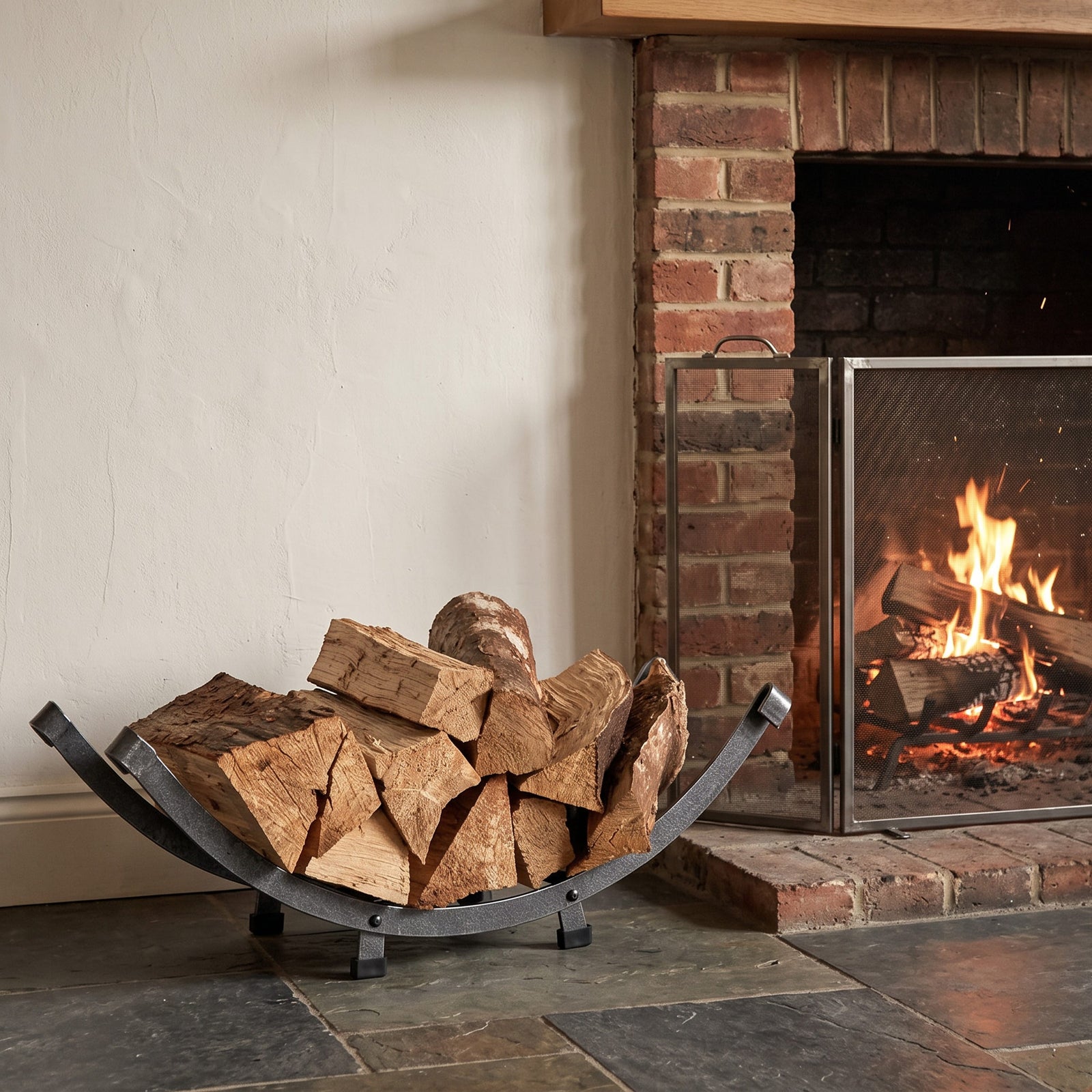 Enclume Floor Arch Basket Fireplace Log Rack Hammered Steel
