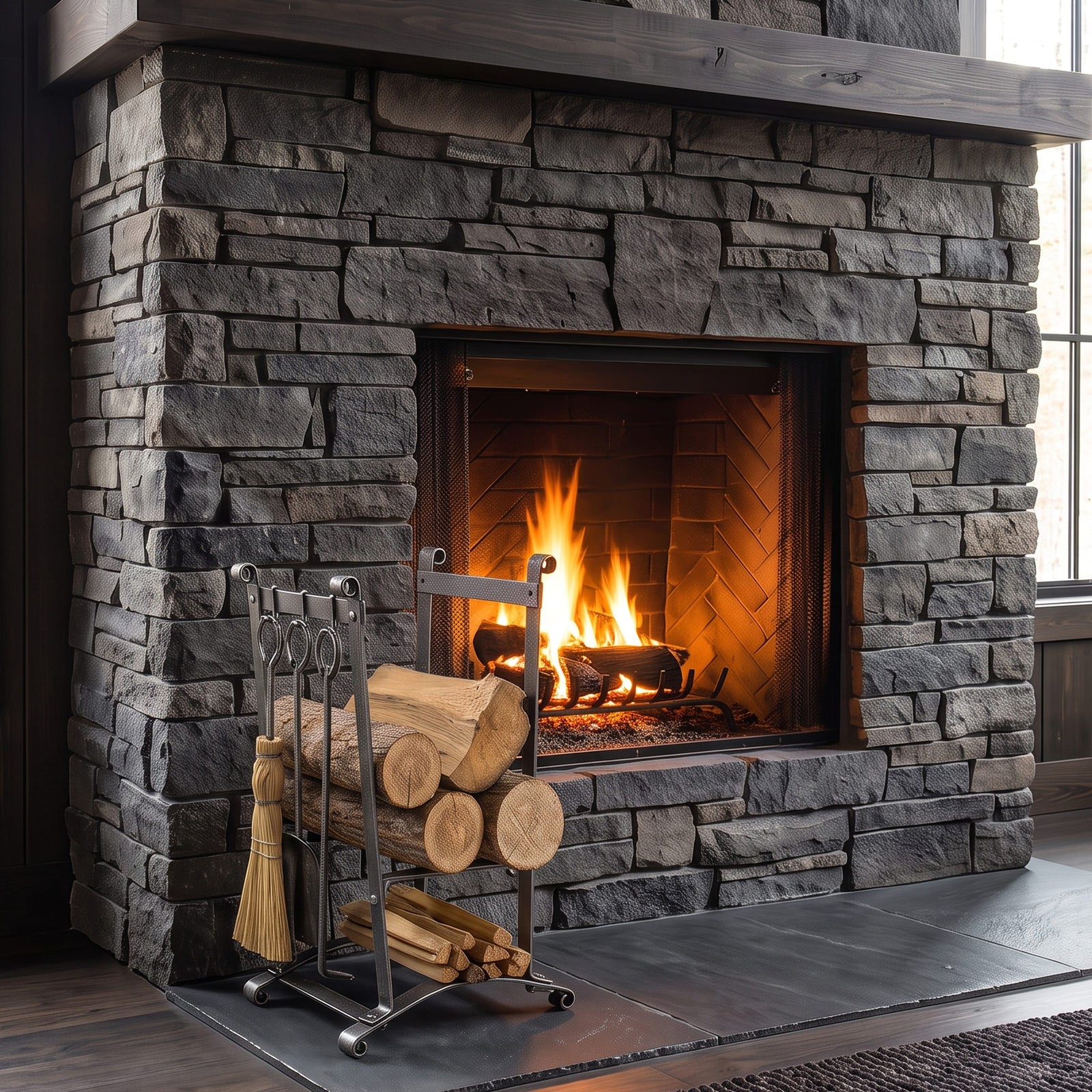 Enclume Floor Compact Curved Fireplace Log Rack w/ Tools Hammered Steel