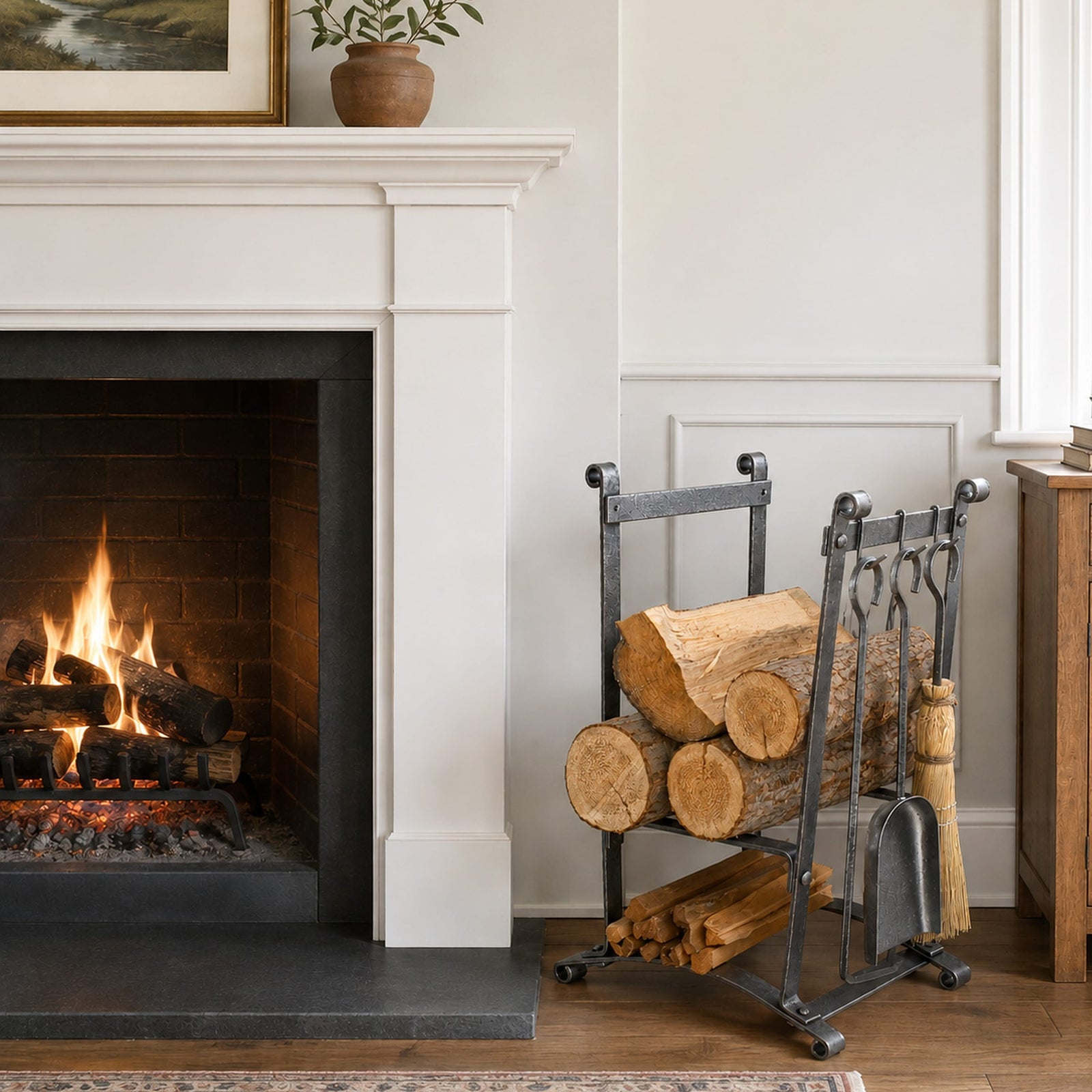 Enclume Floor Compact Curved Fireplace Log Rack w/ Tools Hammered Steel