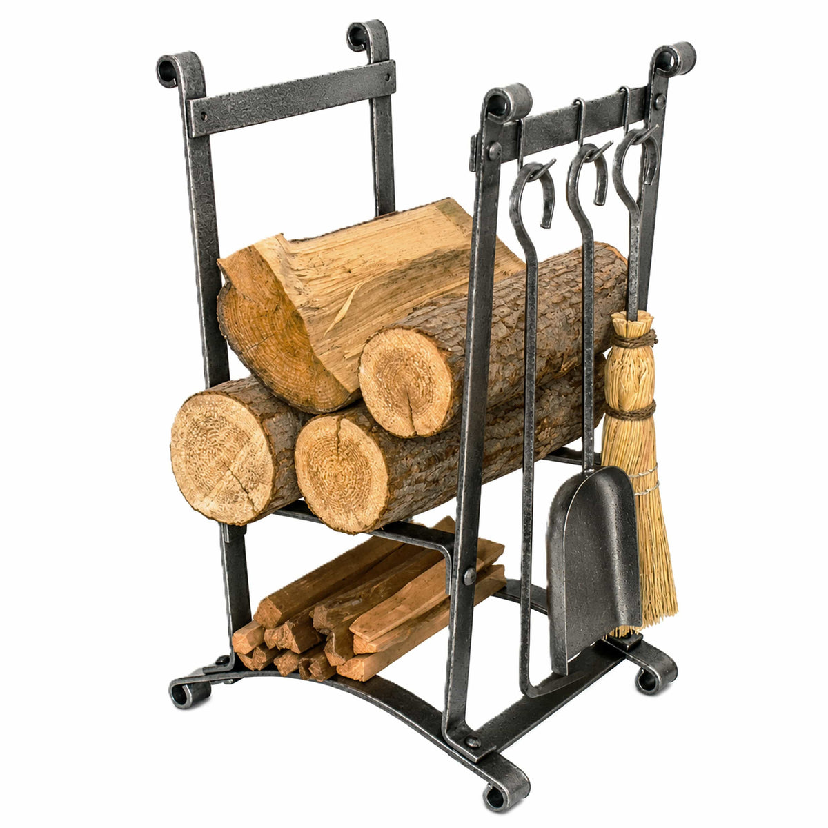 Enclume Floor Compact Curved Fireplace Log Rack w/ Tools Hammered Steel