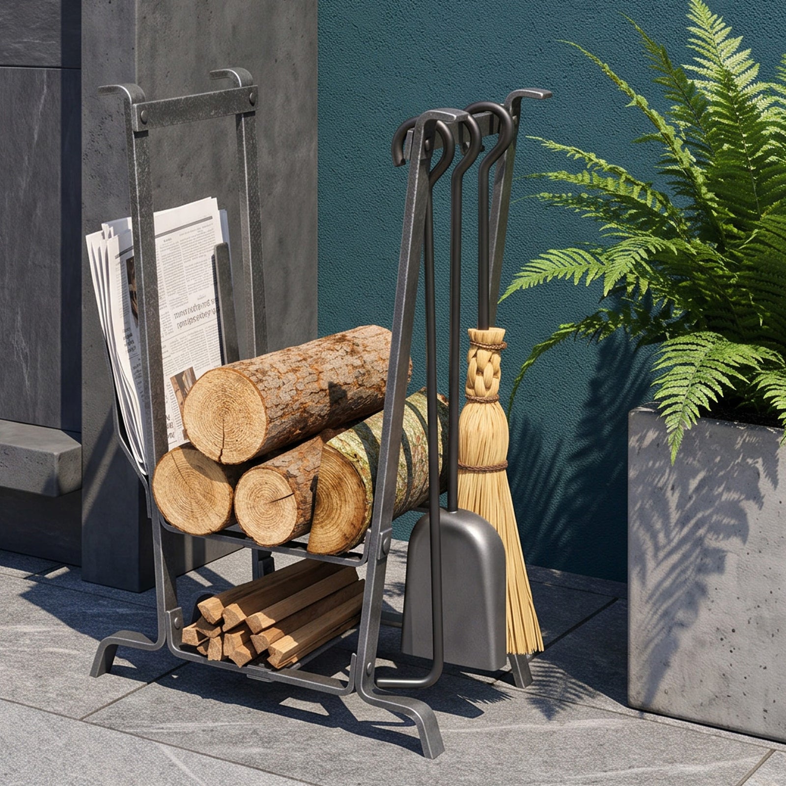 Enclume Floor Complete Hearth Fireplace Log Rack w/ Tools Hammered Steel