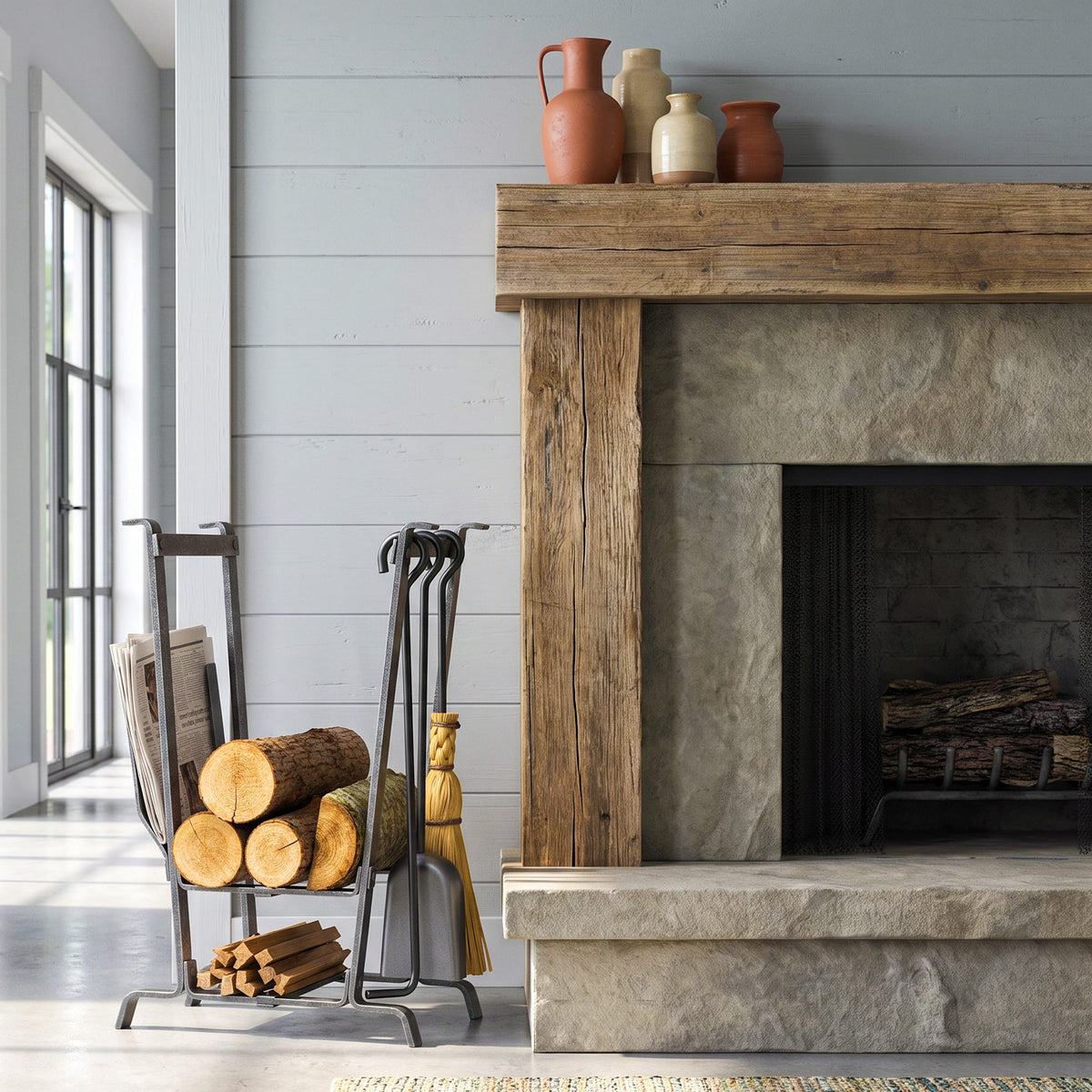 Enclume Floor Complete Hearth Fireplace Log Rack w/ Tools Hammered Steel