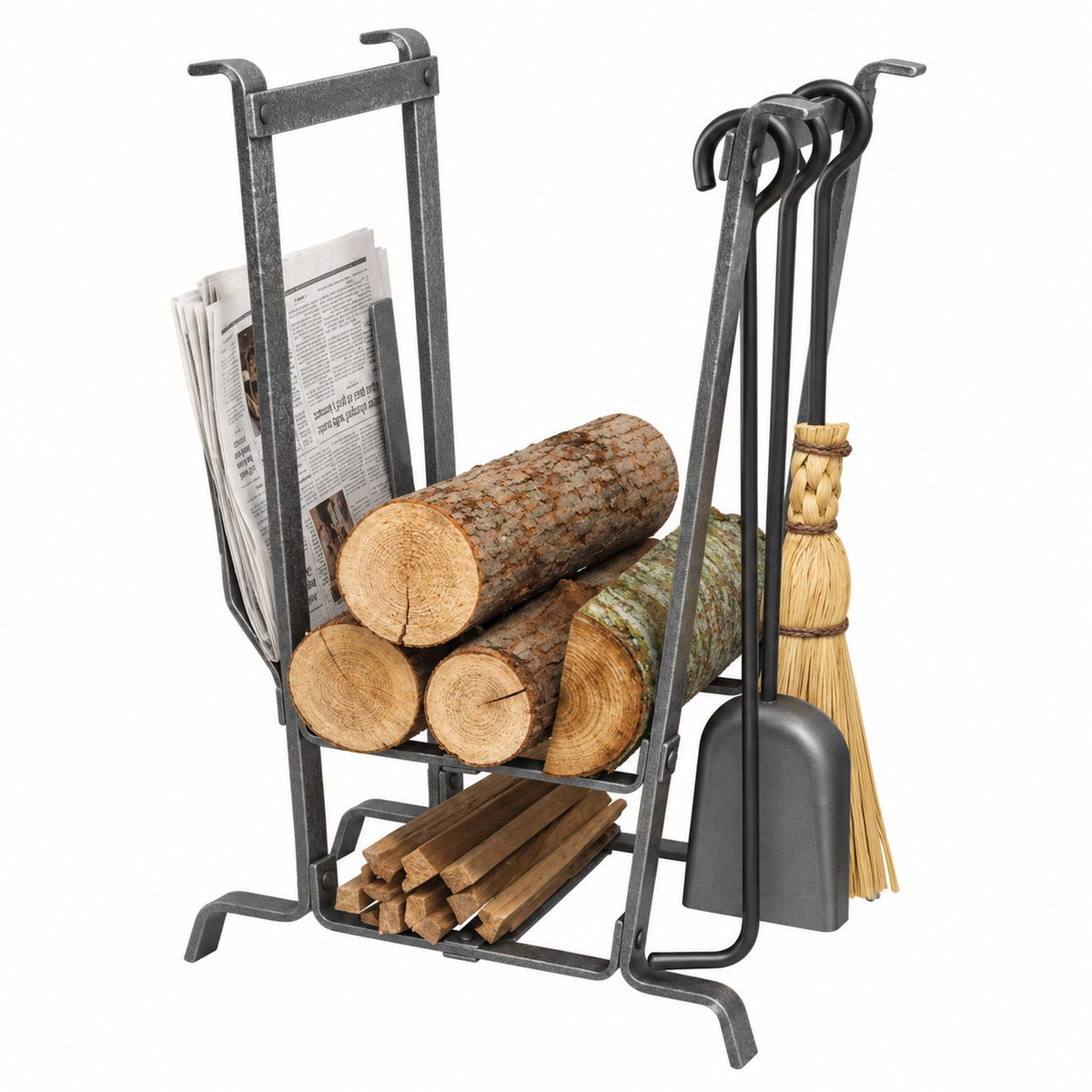 Enclume Floor Complete Hearth Fireplace Log Rack w/ Tools Hammered Steel