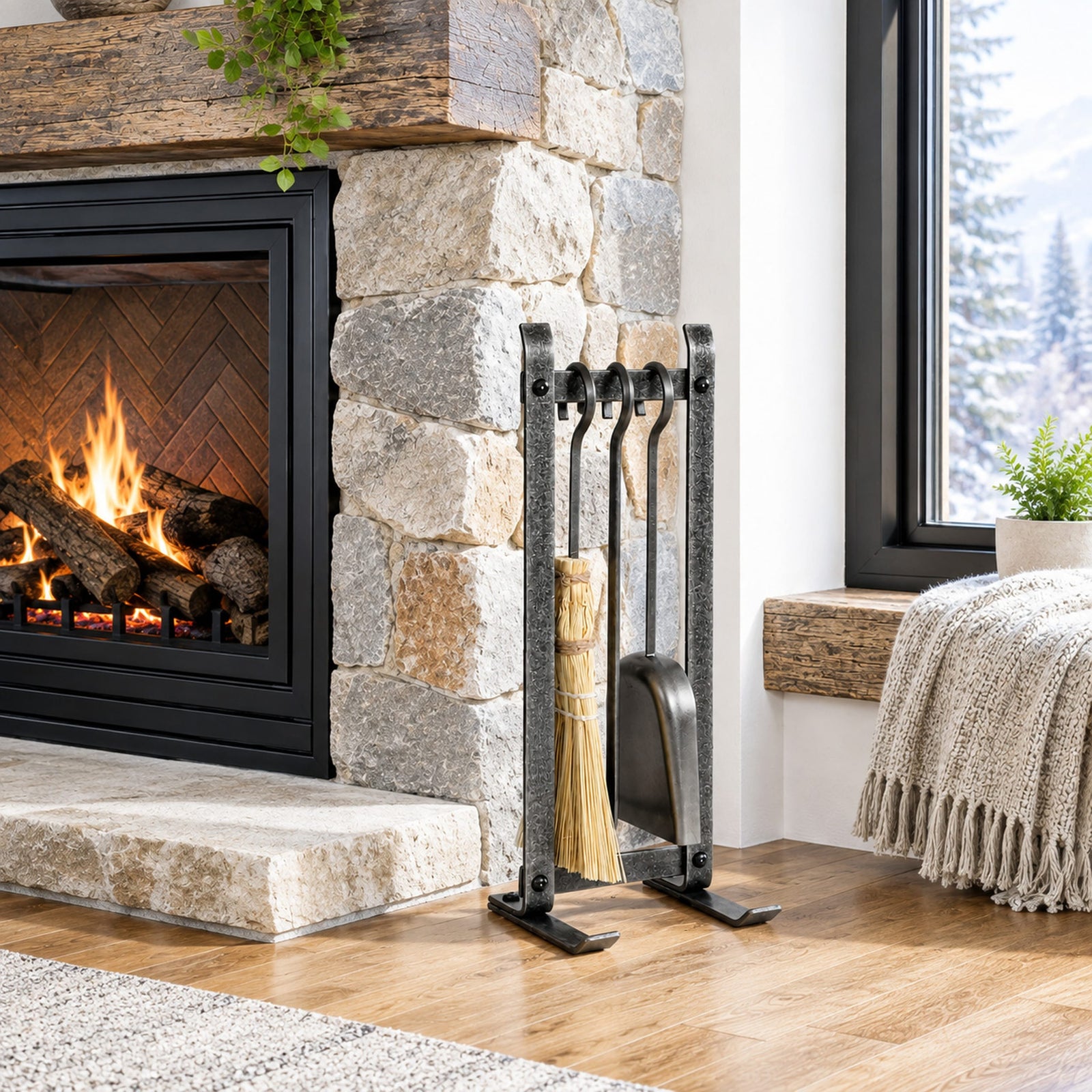 Enclume Floor Hammered Steel Country Home Fireplace Tool Set