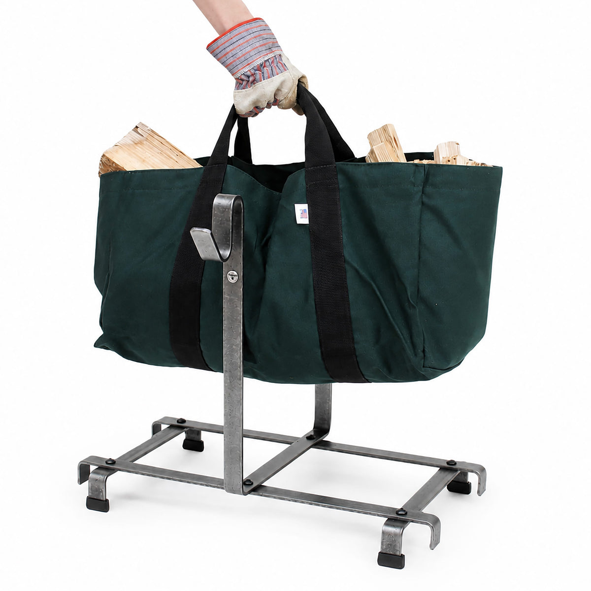 Enclume Floor Fireplace Log Rack w/ Green Carrier Bag Hammered Steel