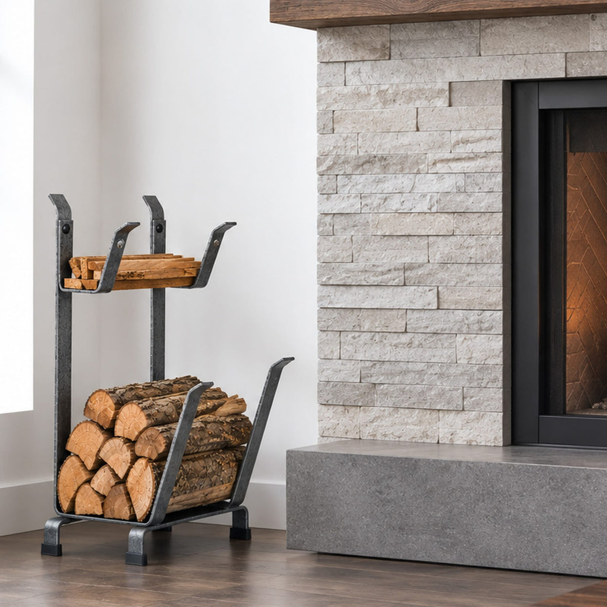 Enclume Floor Fireplace Log Rack w/Kindling Holder Hammered Steel