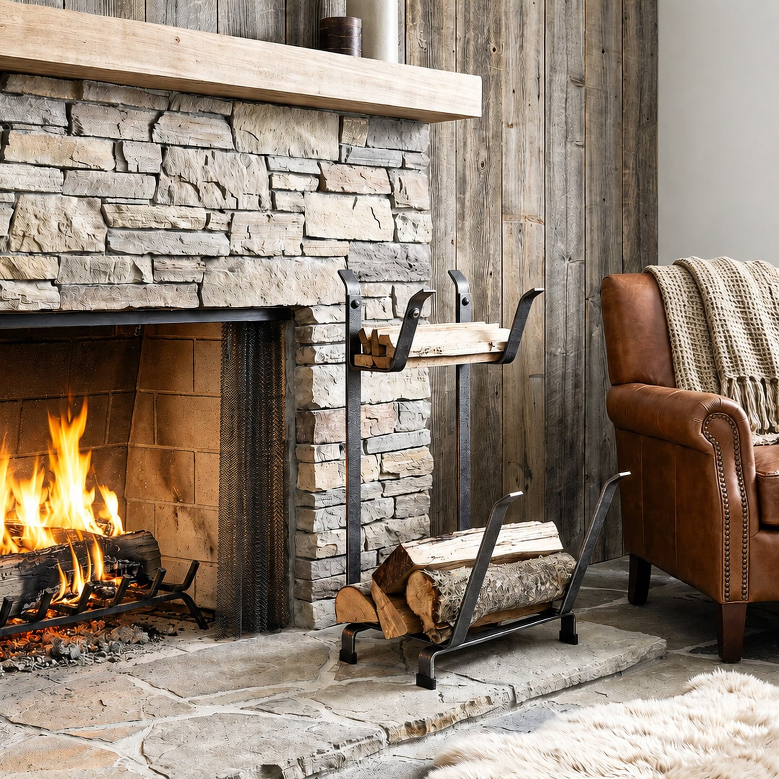 Enclume Floor Fireplace Log Rack w/Kindling Holder Hammered Steel