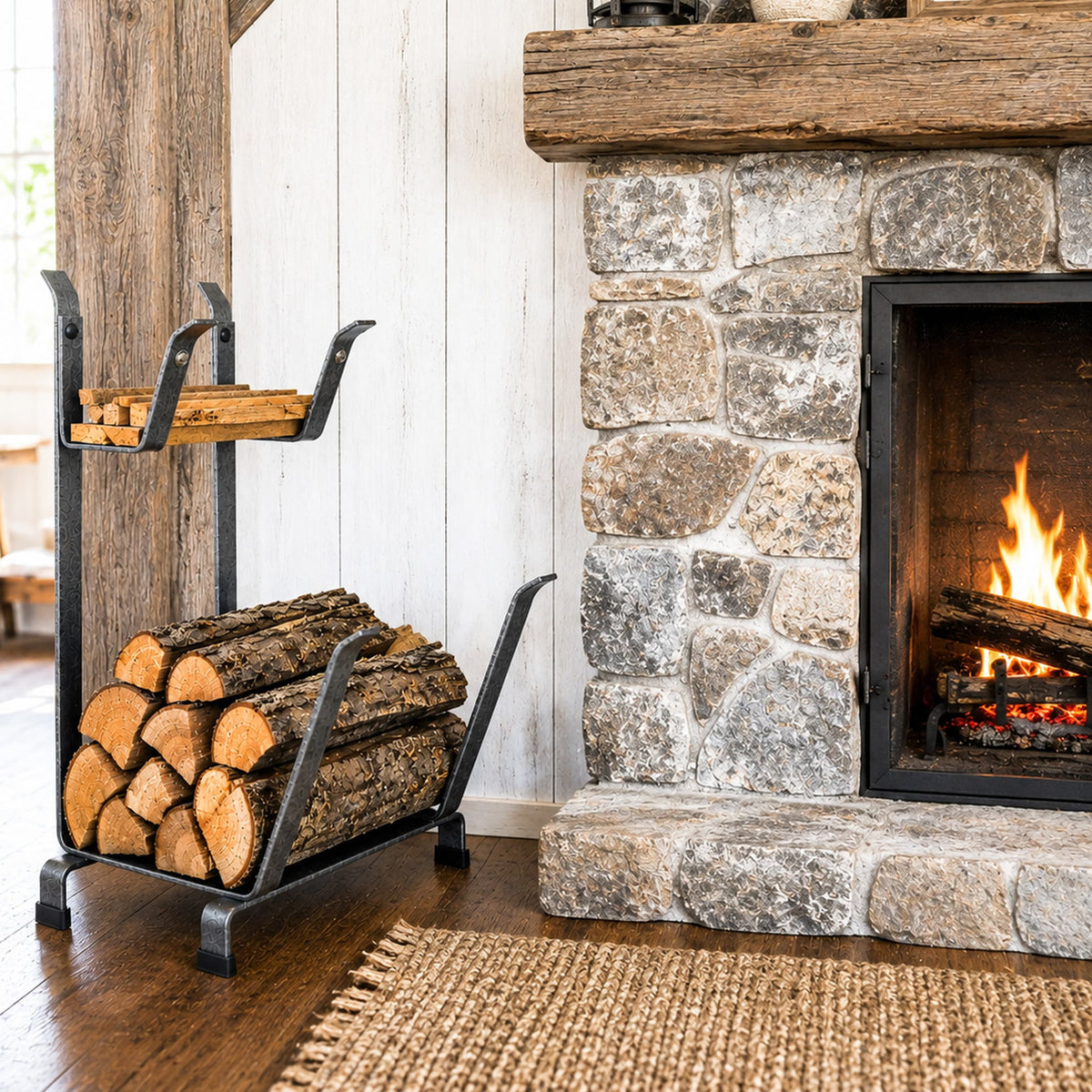 Enclume Floor Fireplace Log Rack w/Kindling Holder Hammered Steel