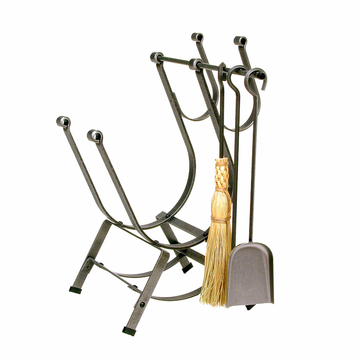 Enclume Floor Front Loading Fireplace Log Rack w/ Tools Hammered Steel