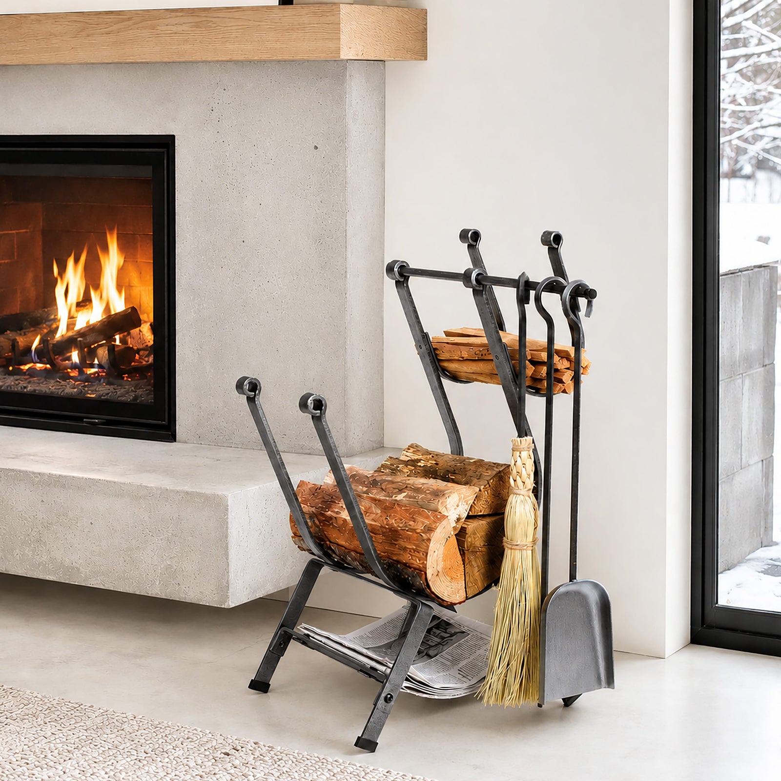 Enclume Floor Front Loading Fireplace Log Rack w/ Tools Hammered Steel
