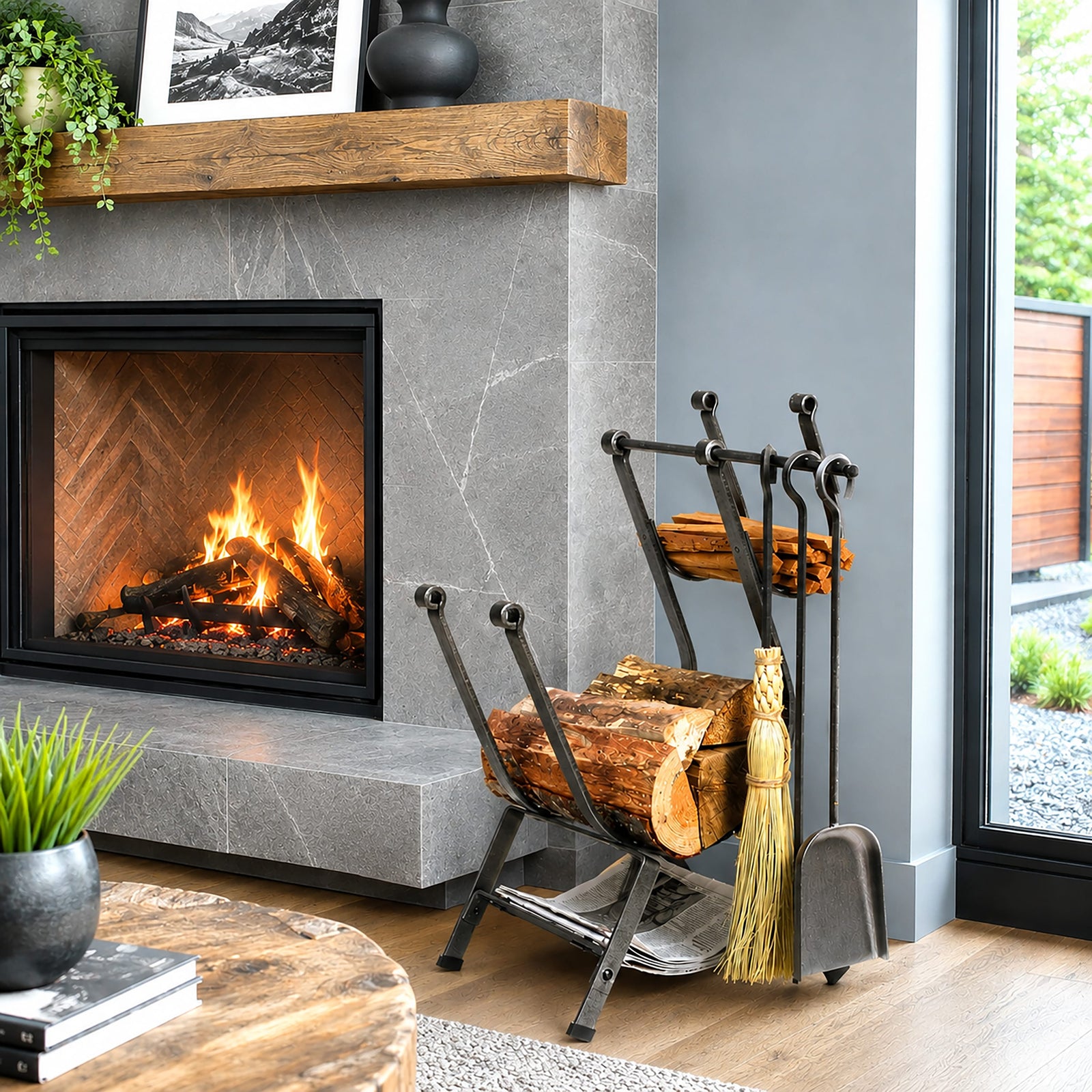 Enclume Floor Front Loading Fireplace Log Rack w/ Tools Hammered Steel