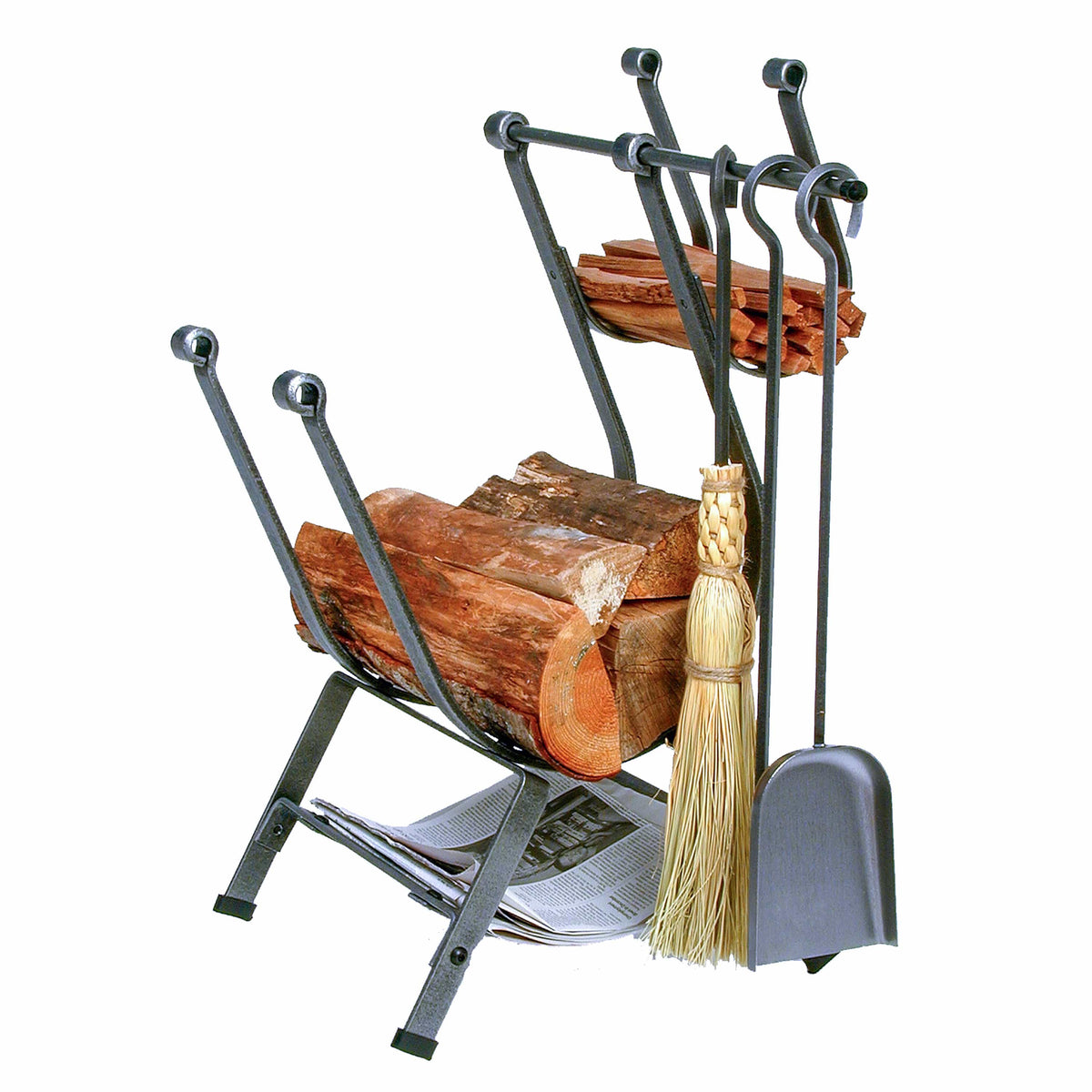Enclume Floor Front Loading Fireplace Log Rack w/ Tools Hammered Steel