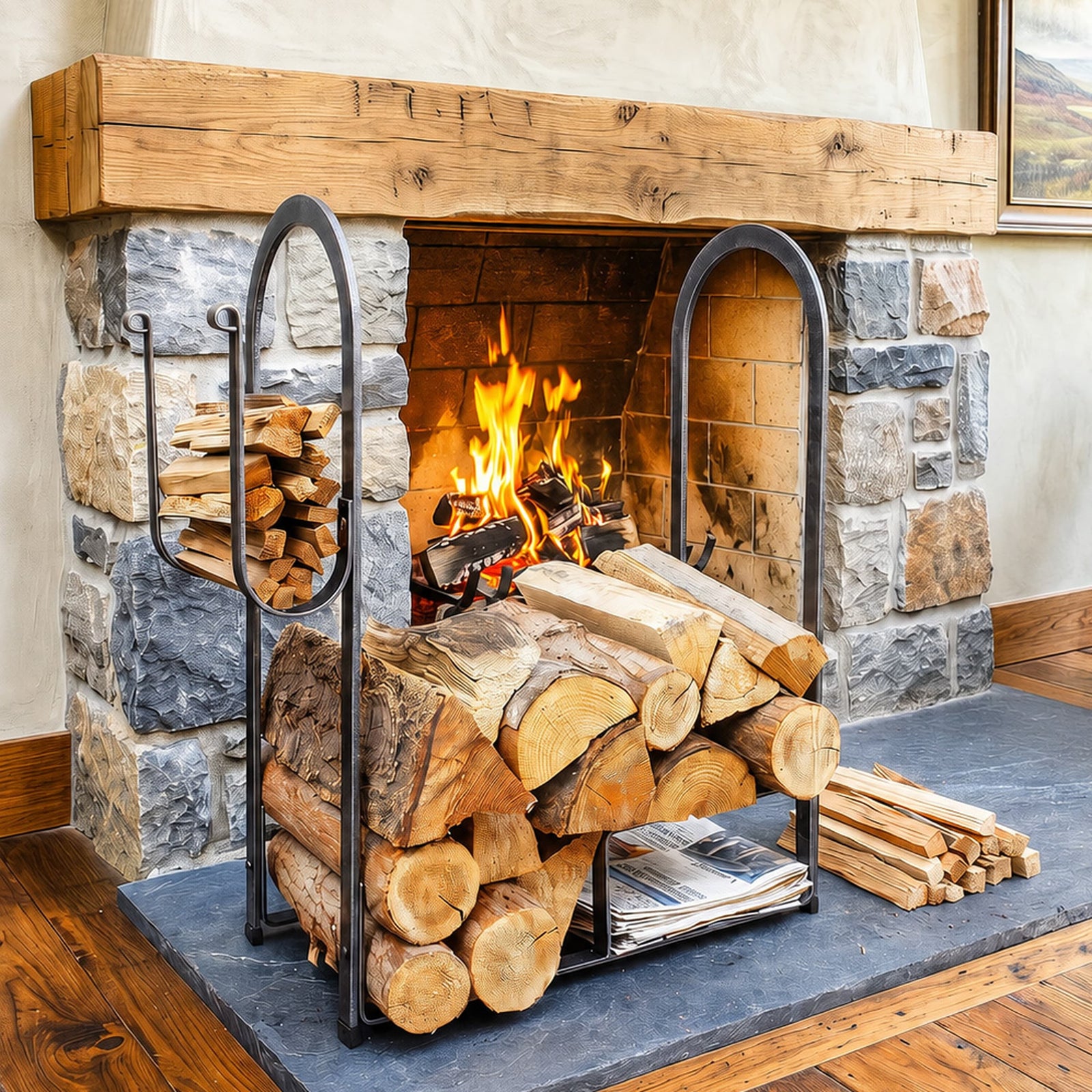 Enclume Floor Large Fire Center Log Rack Hammered Steel