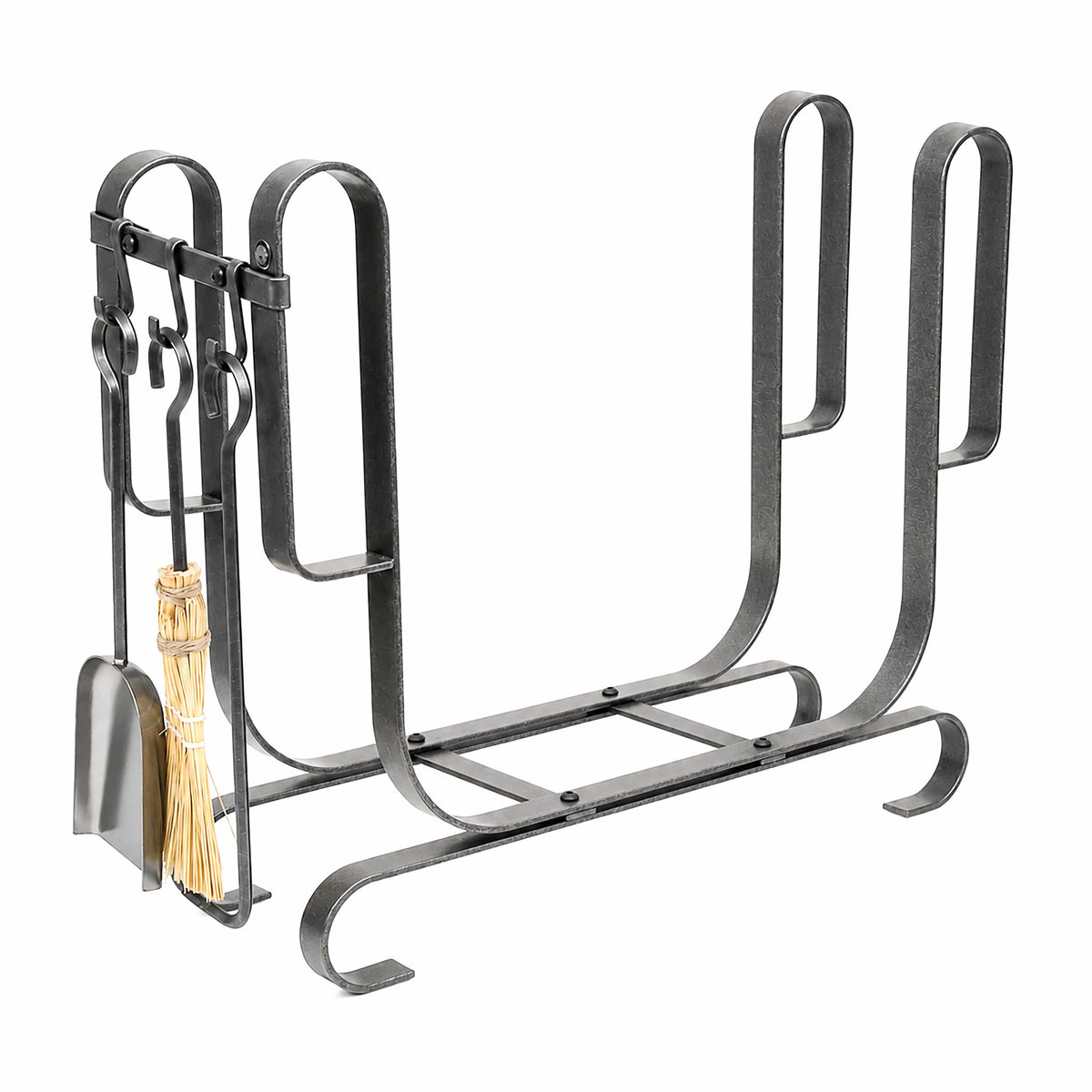 Enclume Floor Large Modern Fireplace Log Rack w/ Tools Hammered Steel