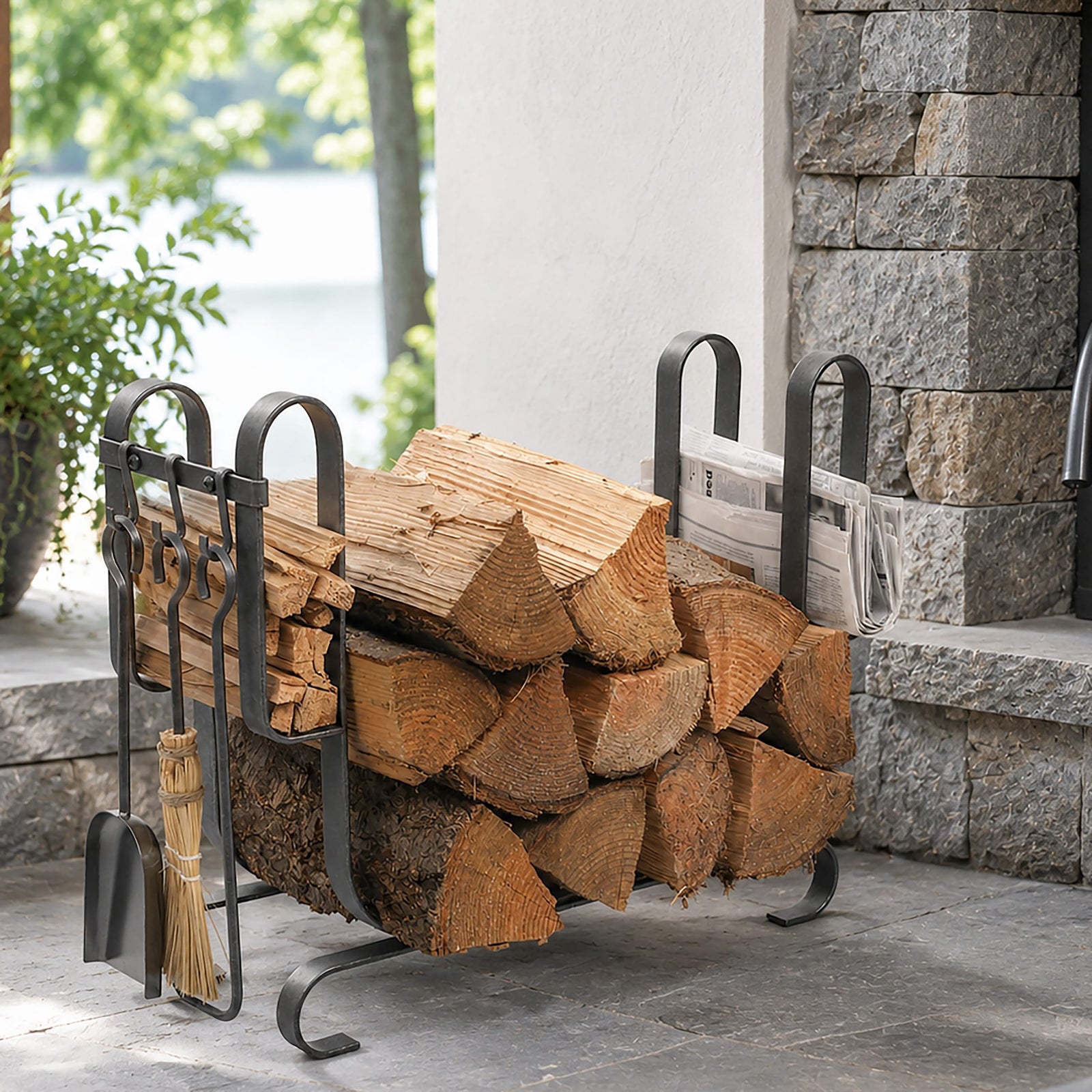 Enclume Floor Large Modern Fireplace Log Rack w/ Tools Hammered Steel
