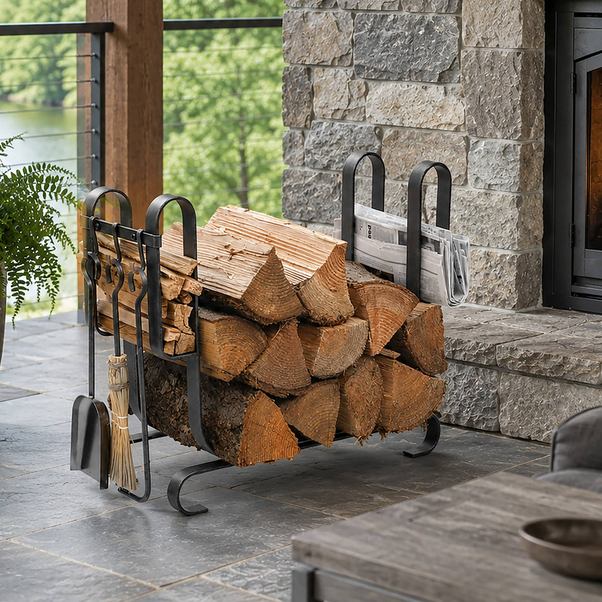Enclume Floor Large Modern Fireplace Log Rack w/ Tools Hammered Steel