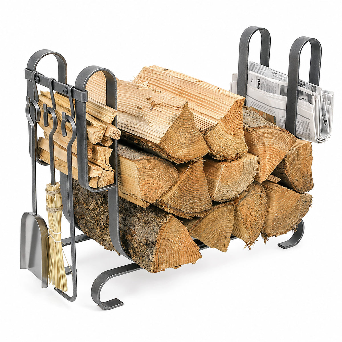 Enclume Floor Large Modern Fireplace Log Rack w/ Tools Hammered Steel