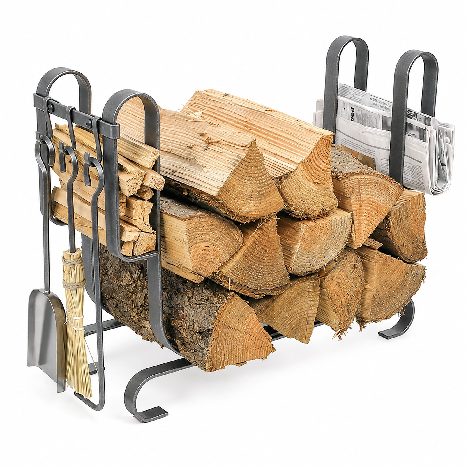 Enclume Floor Large Modern Fireplace Log Rack w/ Tools Hammered Steel