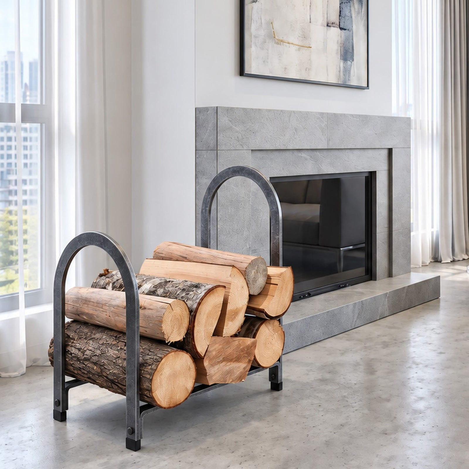 Enclume Floor Offset Arch Fireplace Log Rack Hammered Steel