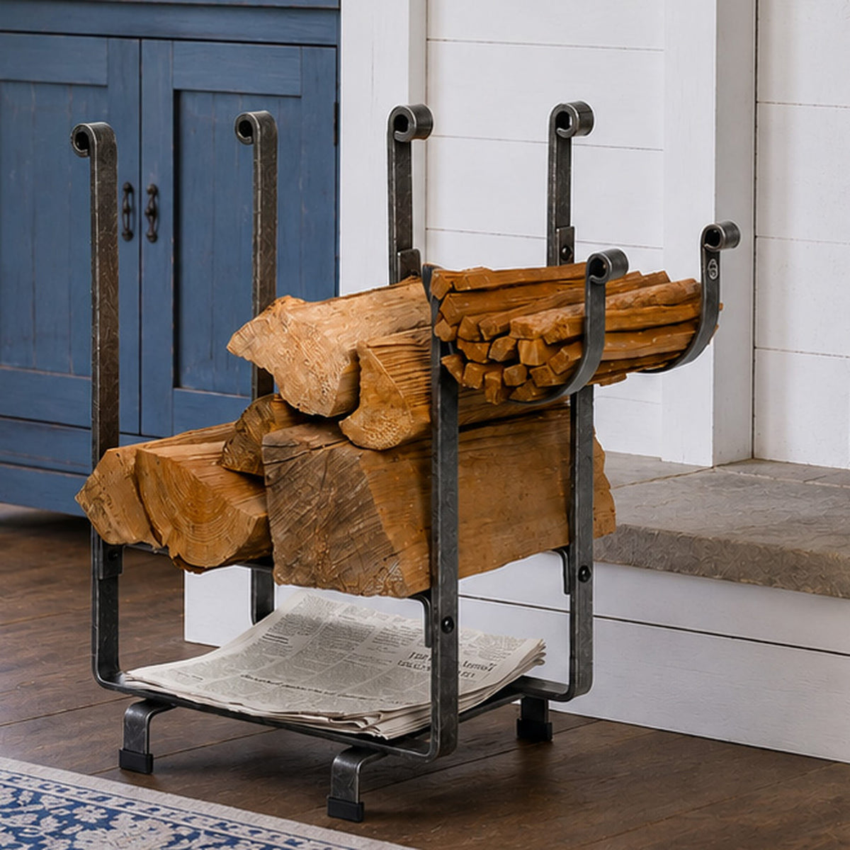 Enclume Floor Rectangle Fireplace Log Rack w/ Newspaper Holder Hammered Steel