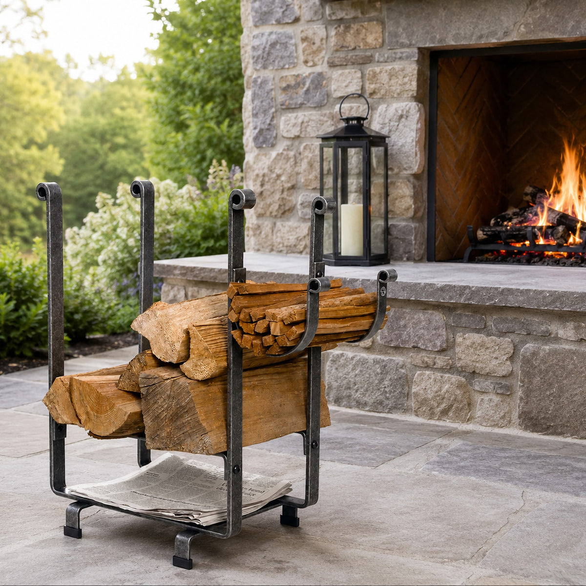Enclume Floor Rectangle Fireplace Log Rack w/ Newspaper Holder Hammered Steel