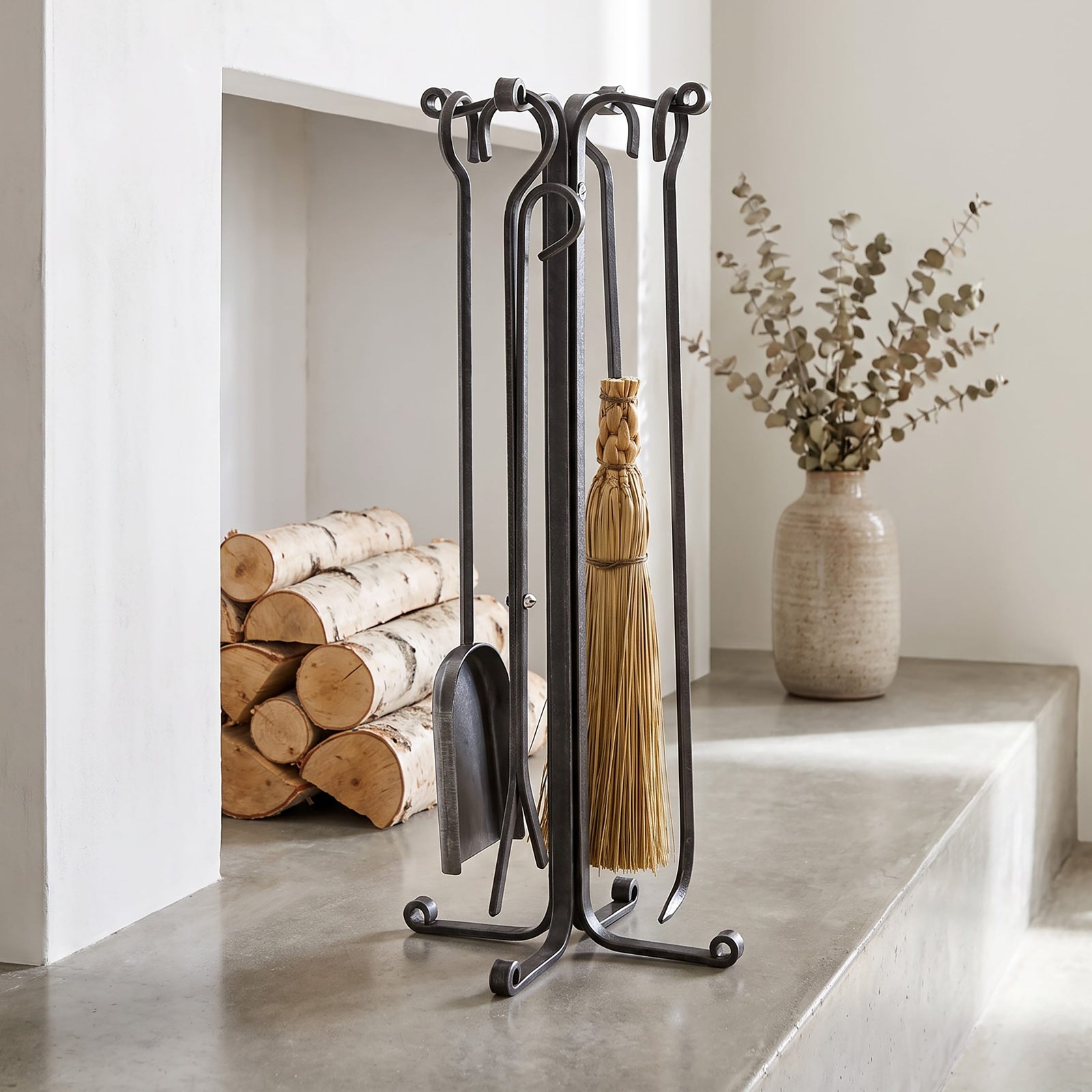 Enclume Floor Rolled Eye 4-Piece Fireplace Tool Set Hammered Steel
