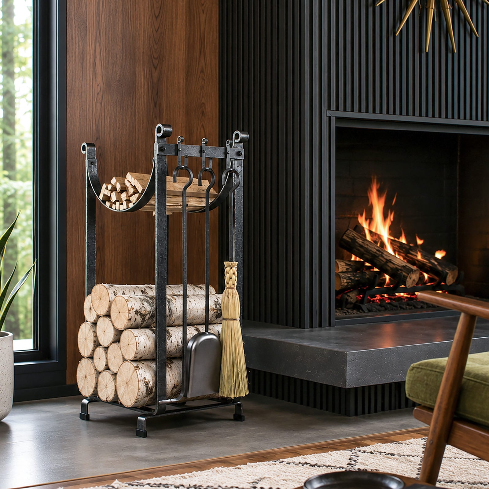 Enclume Floor Sling Fireplace Log Rack w/ Bar and Tools Hammered Steel