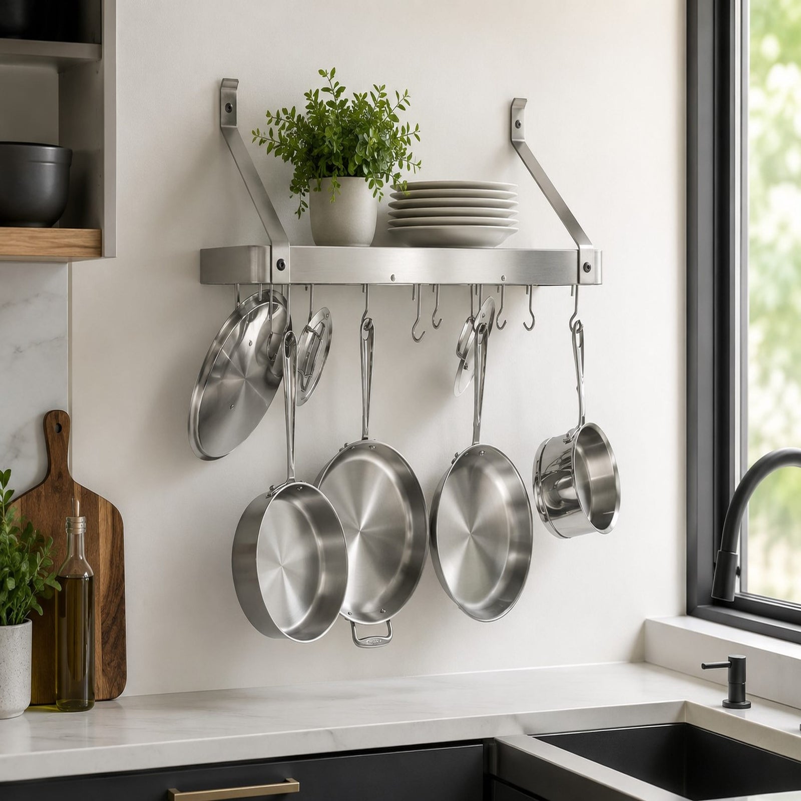 Enclume Wall 30" Gourmet Deep Bookshelf Wall Rack w/ 12 Hooks