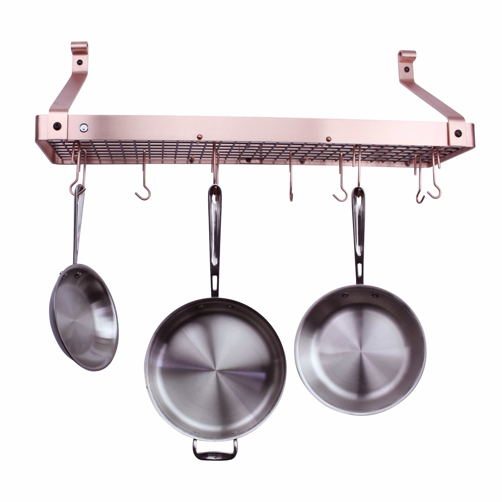Enclume Wall Brushed Copper / Rolled Eye 36" Gourmet Bookshelf Wall Rack w/ 12 Hooks