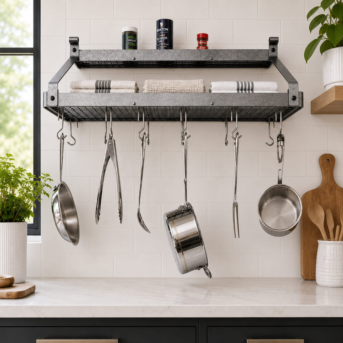 Enclume Wall 36" Gourmet Deep Bookshelf Wall Rack w/Accessory Shelf Hammered Steel