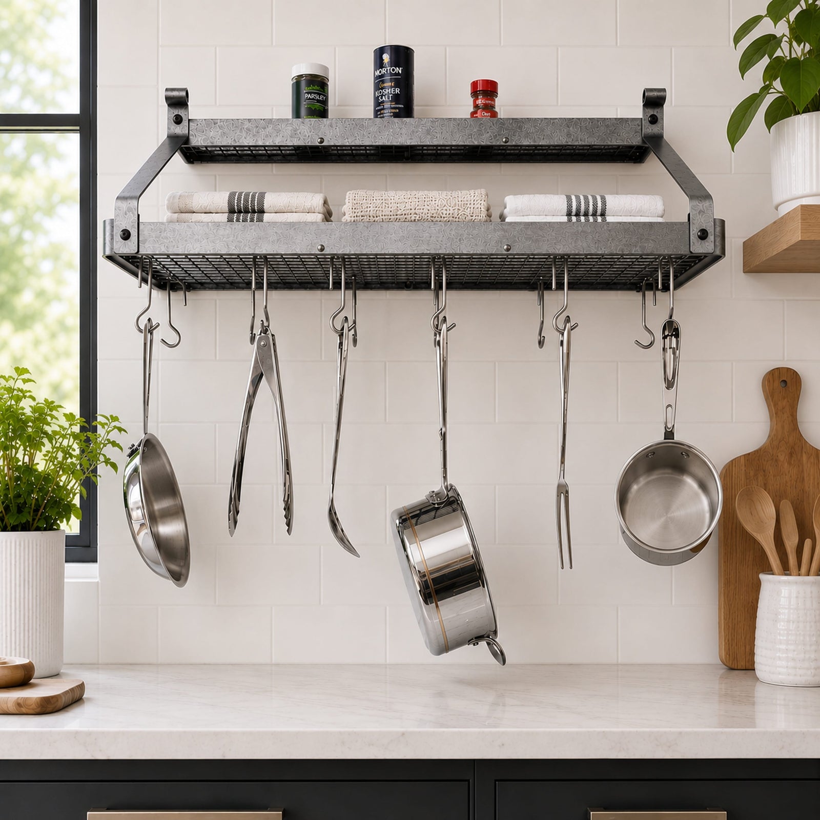 Enclume Wall 36" Gourmet Deep Bookshelf Wall Rack w/Accessory Shelf Hammered Steel