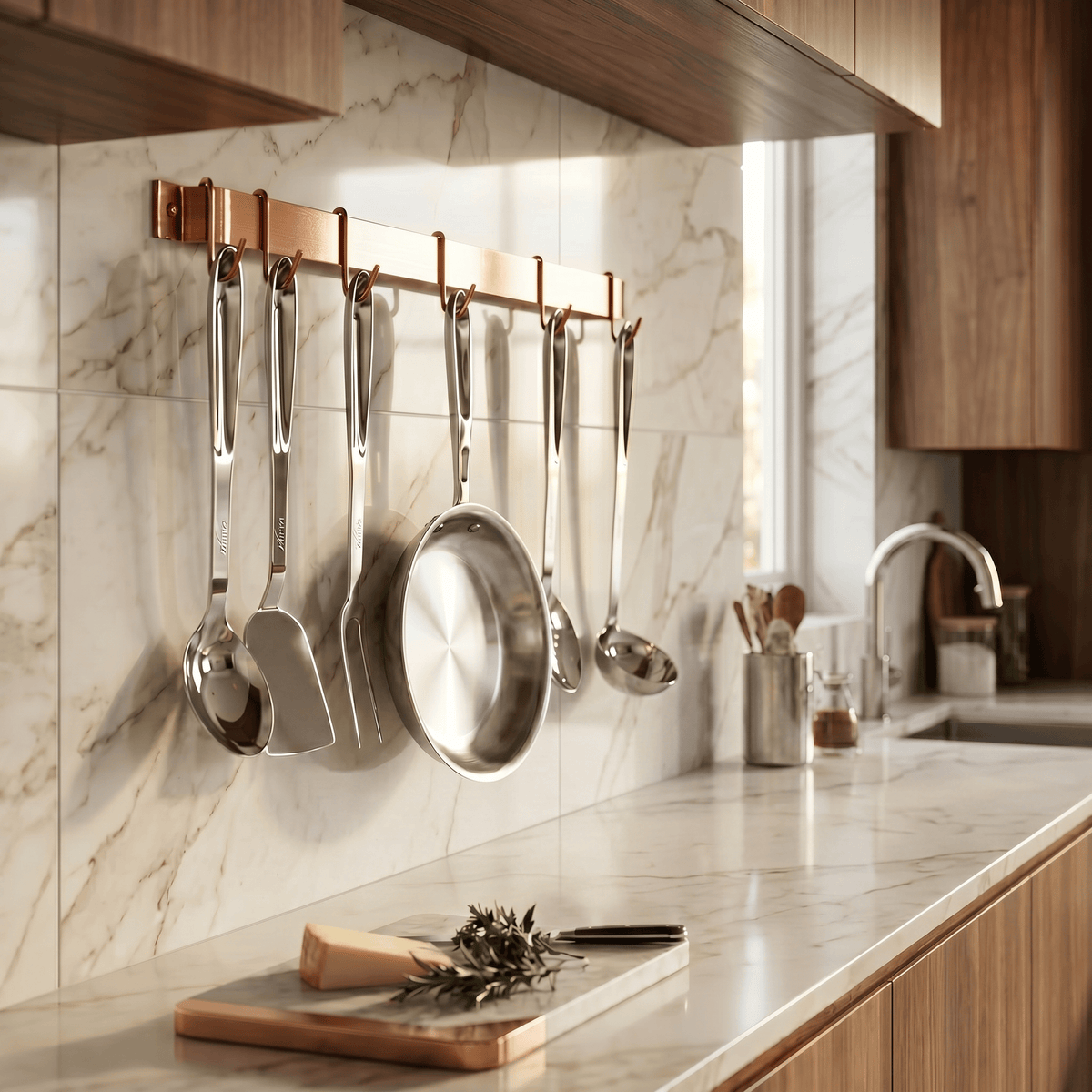 Enclume Wall Brushed Copper / 30" Handcrafted Easy Mount Wall Rack Utensil Bar w 6 Hooks