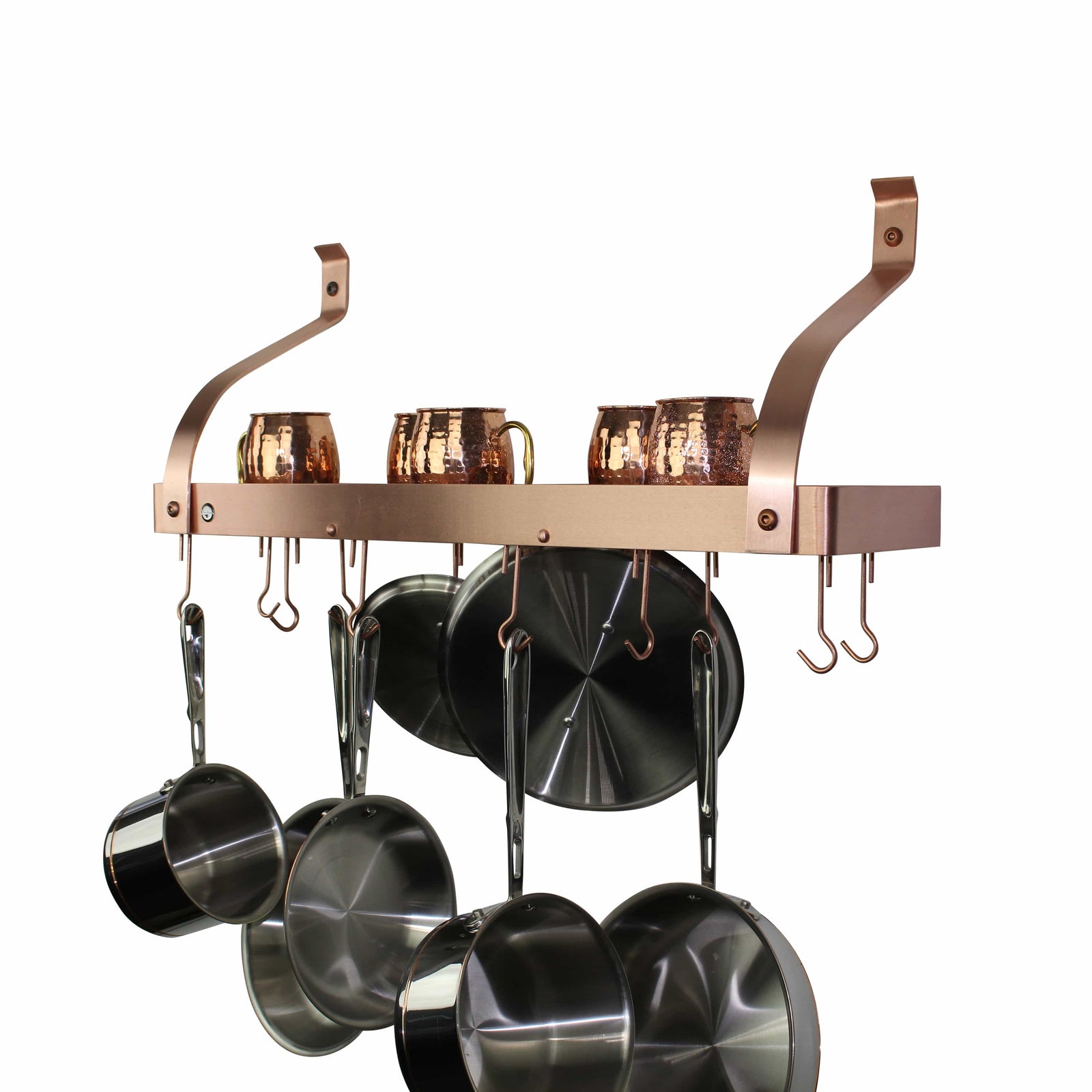 Enclume Wall Brushed Copper / Curved 30" Gourmet Bookshelf Wall Rack w/ 12 Hooks