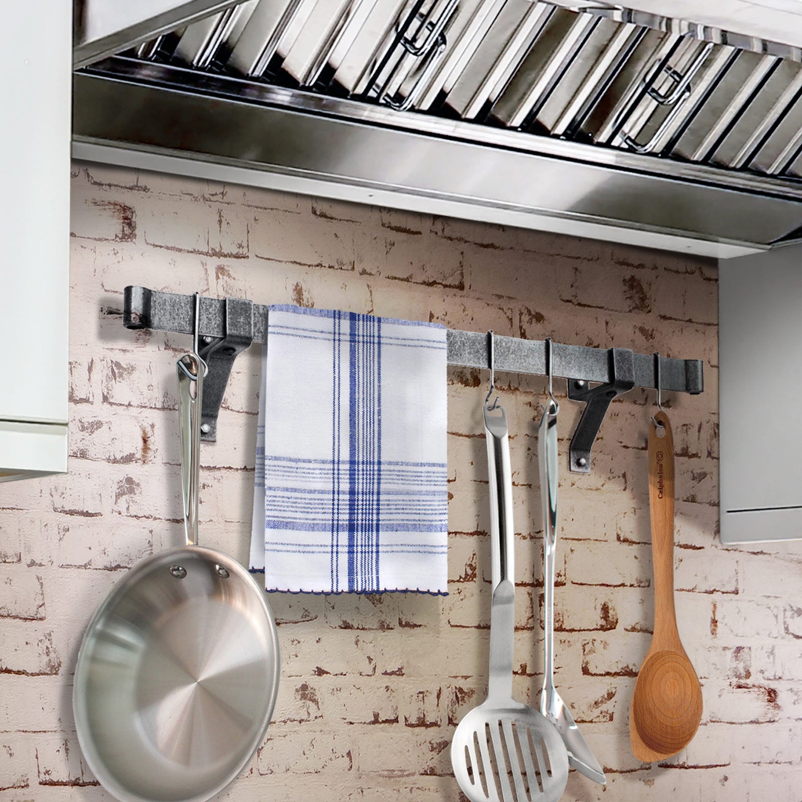 Enclume Wall/Ceiling 36" / Hammered Steel Handcrafted Rolled End Bar w 4" Wall Brackets & Hooks